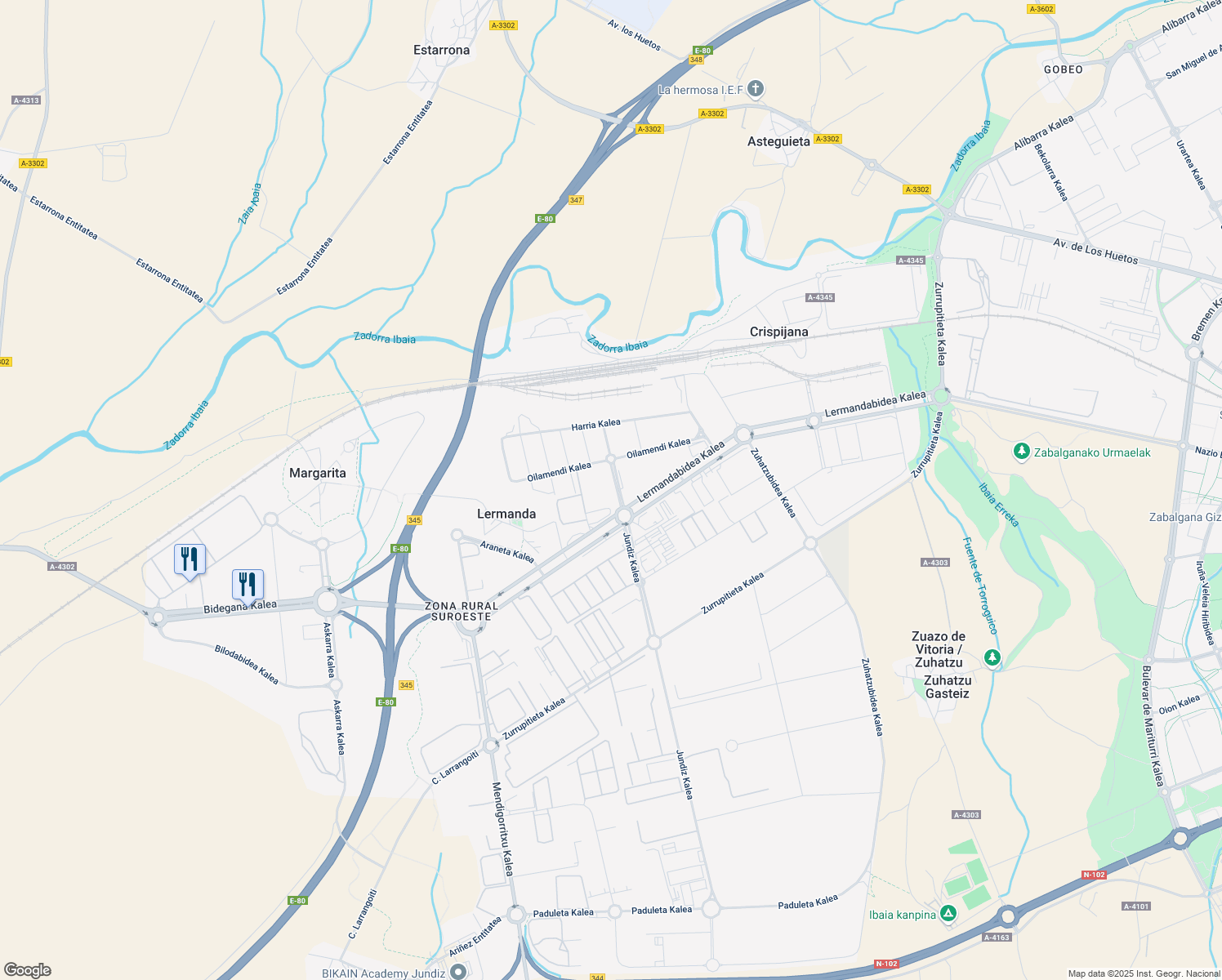 map of restaurants, bars, coffee shops, grocery stores, and more near 1 Jundiz Kalea in Gasteiz