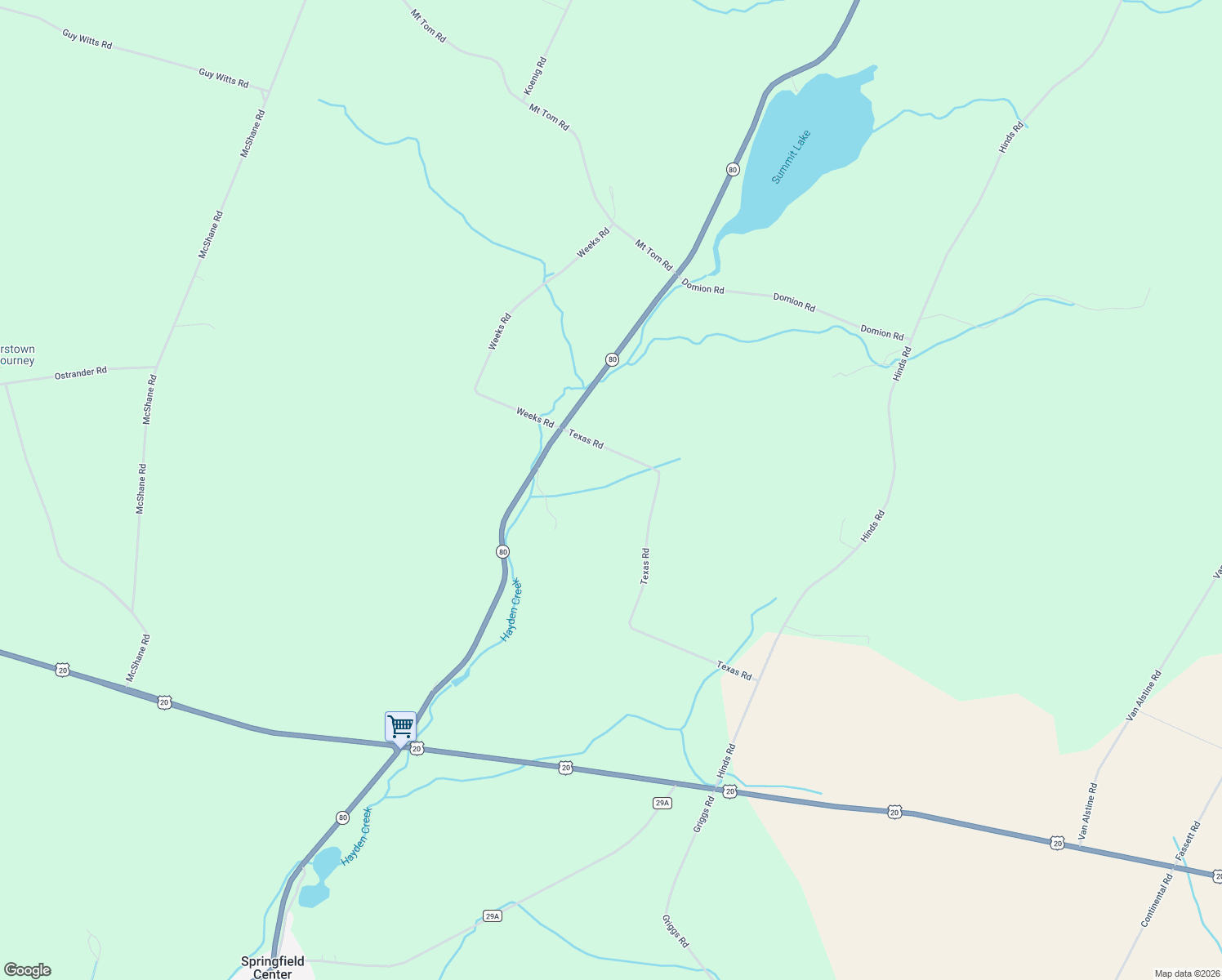 map of restaurants, bars, coffee shops, grocery stores, and more near 8039 New York 80 in Springfield Center