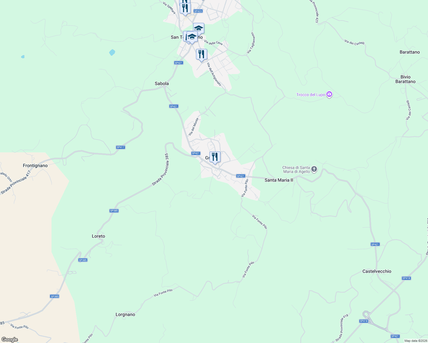 map of restaurants, bars, coffee shops, grocery stores, and more near 47 Via Torino in Grutti