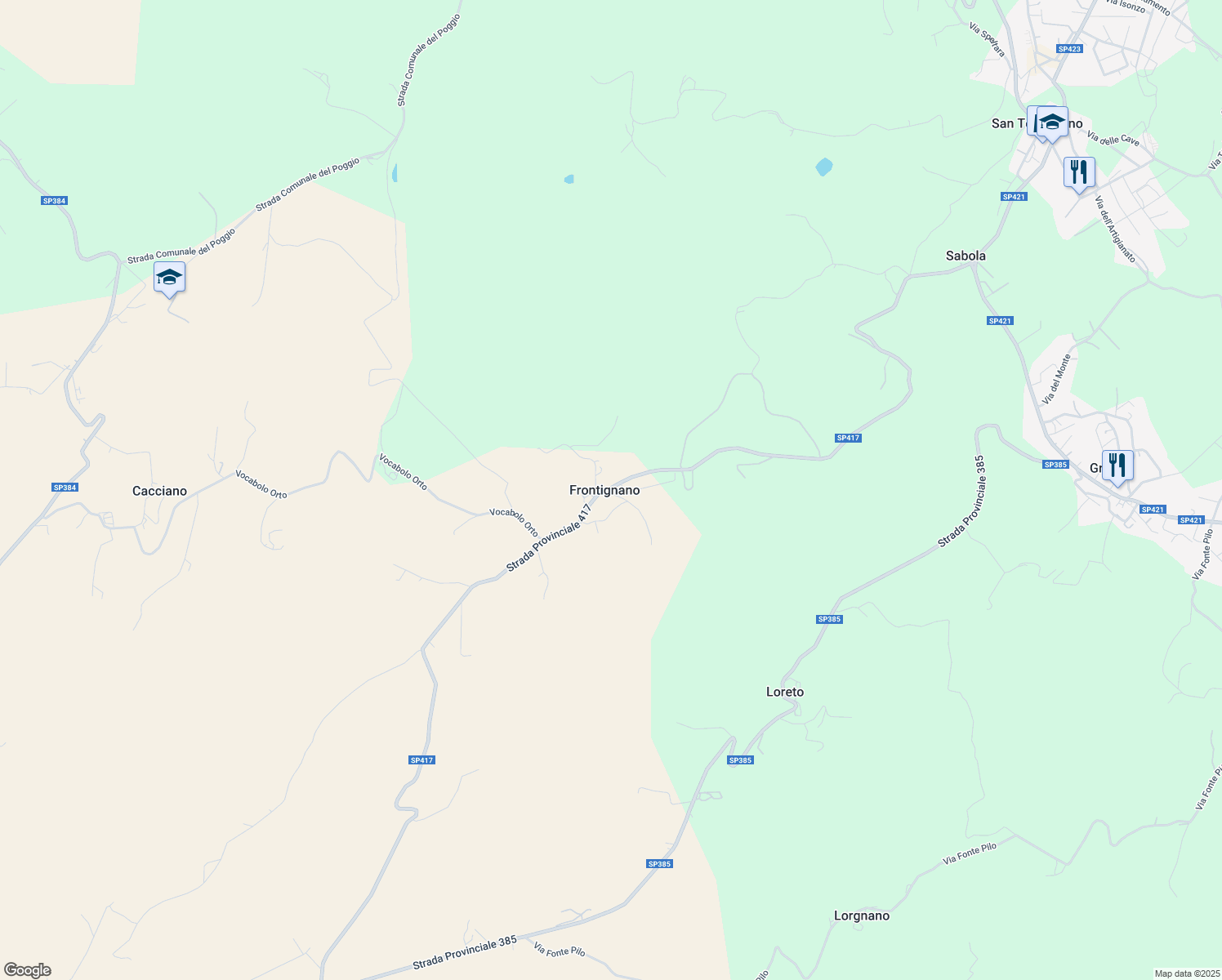map of restaurants, bars, coffee shops, grocery stores, and more near 21 Strada Provinciale 417 in Frontignano