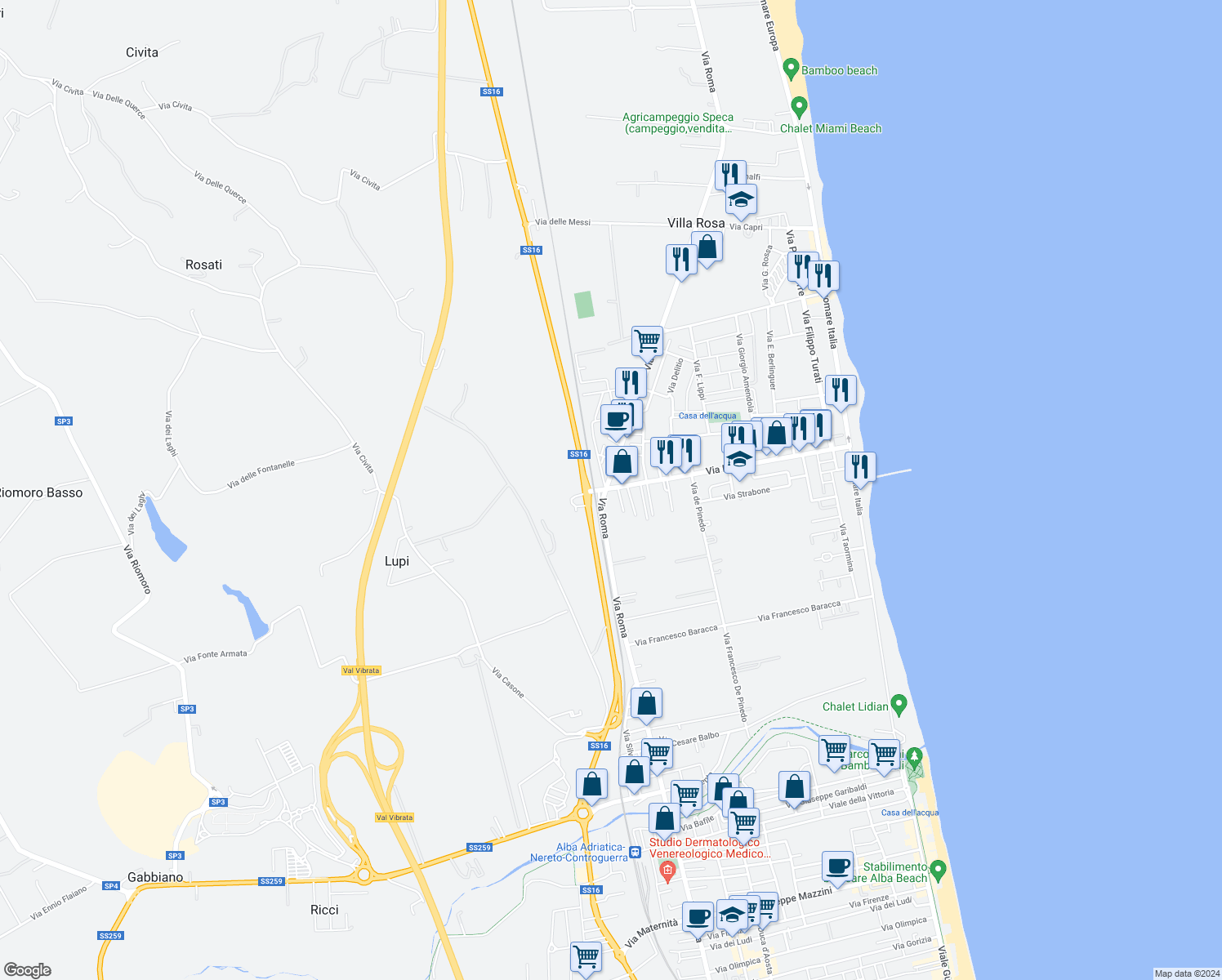map of restaurants, bars, coffee shops, grocery stores, and more near 1A Via Alessandro Volta in Villa Rosa