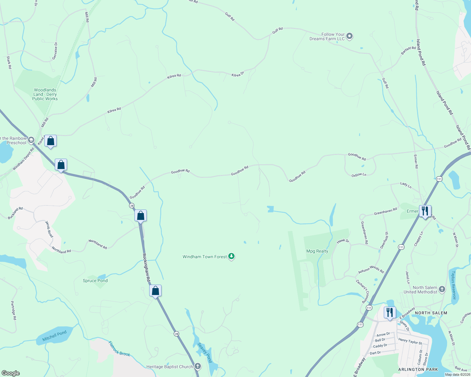map of restaurants, bars, coffee shops, grocery stores, and more near 4 Long Meadow Road in Windham