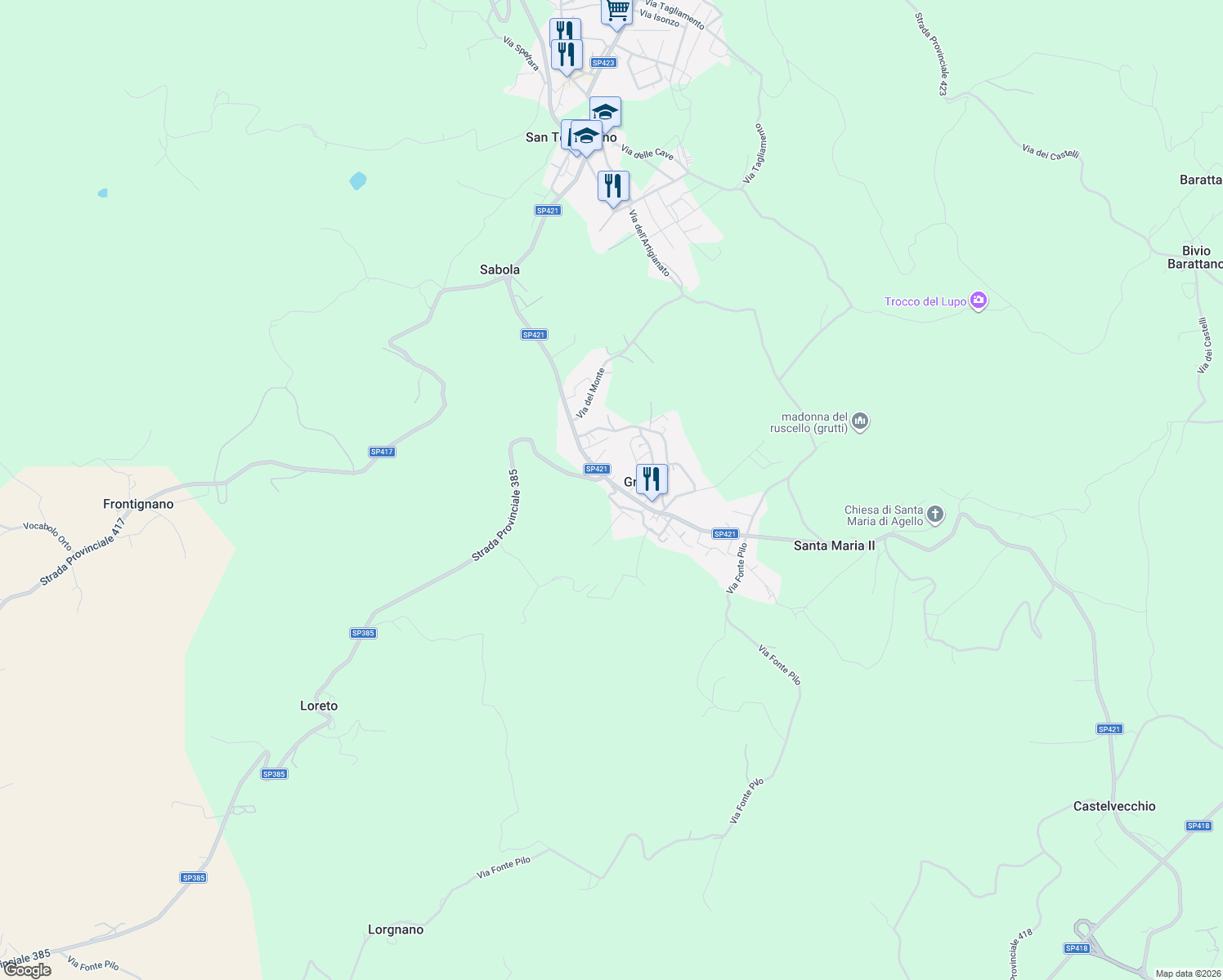 map of restaurants, bars, coffee shops, grocery stores, and more near 55 Via Torino in Grutti