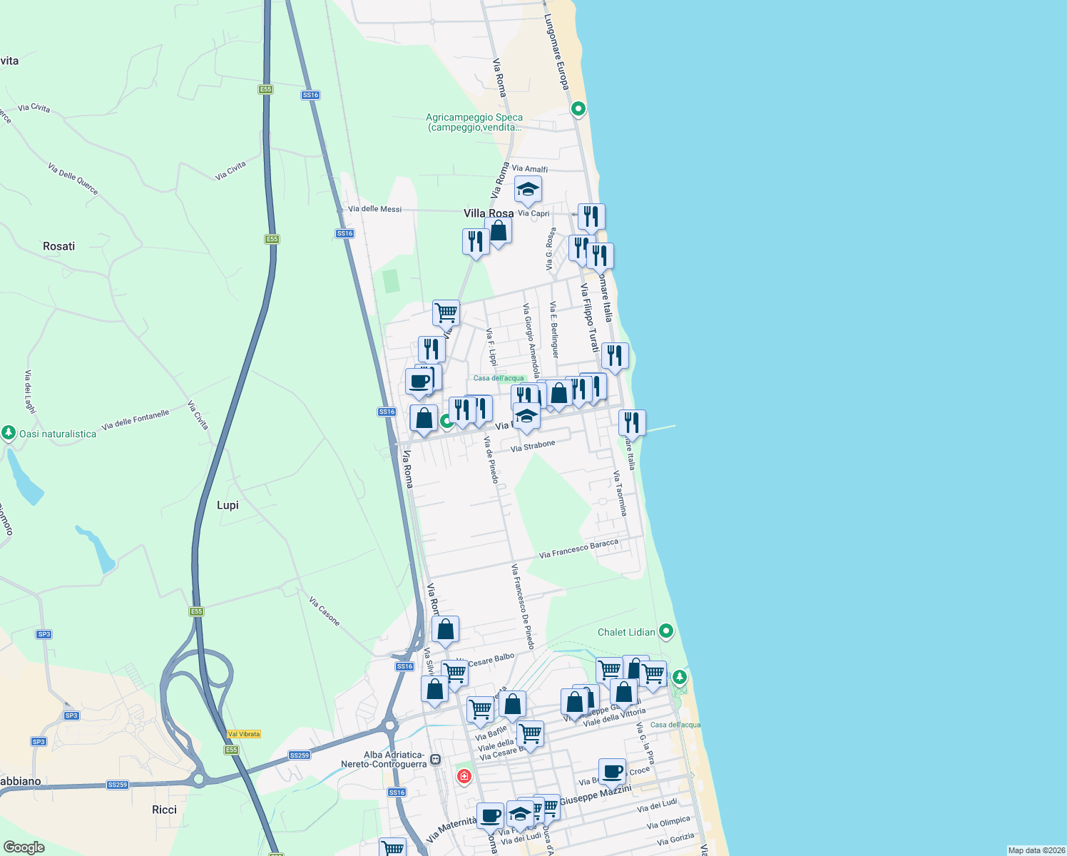 map of restaurants, bars, coffee shops, grocery stores, and more near 6 Via Plinio il Vecchio in Villa Rosa
