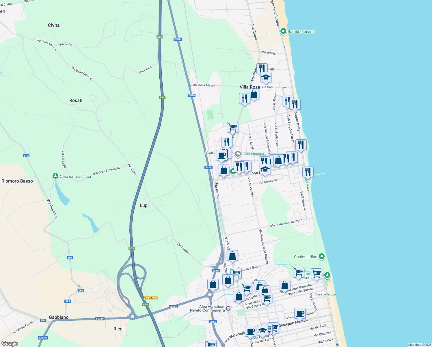 map of restaurants, bars, coffee shops, grocery stores, and more near 1A Via Alessandro Volta in Villa Rosa