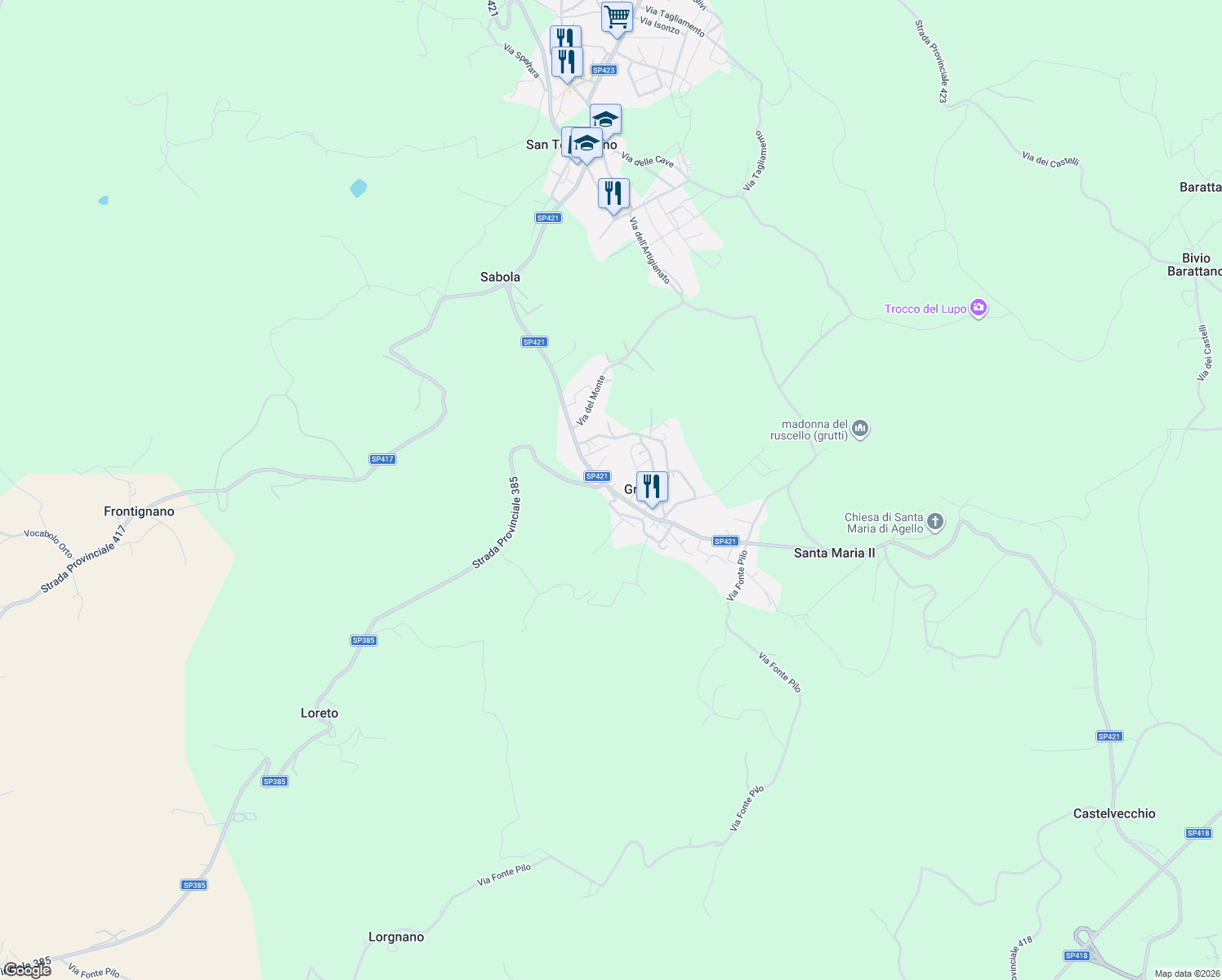 map of restaurants, bars, coffee shops, grocery stores, and more near 55 Via Torino in Grutti
