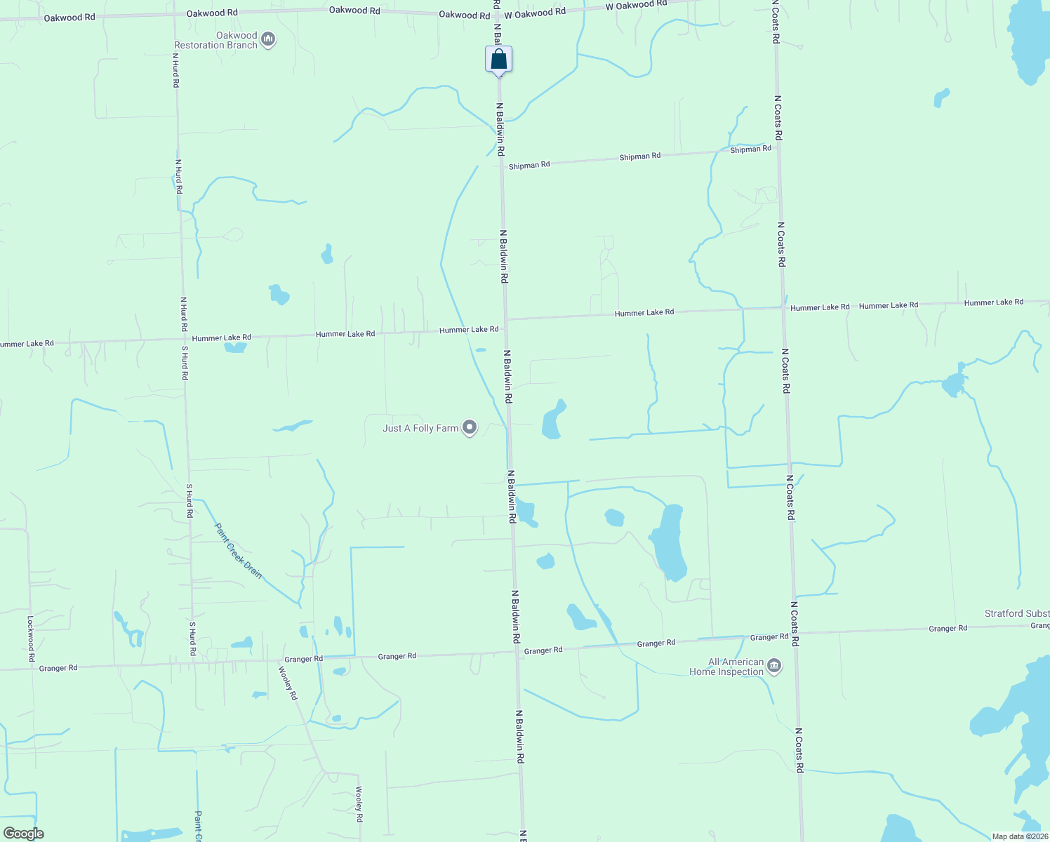map of restaurants, bars, coffee shops, grocery stores, and more near 1770 North Baldwin Road in Oakland County