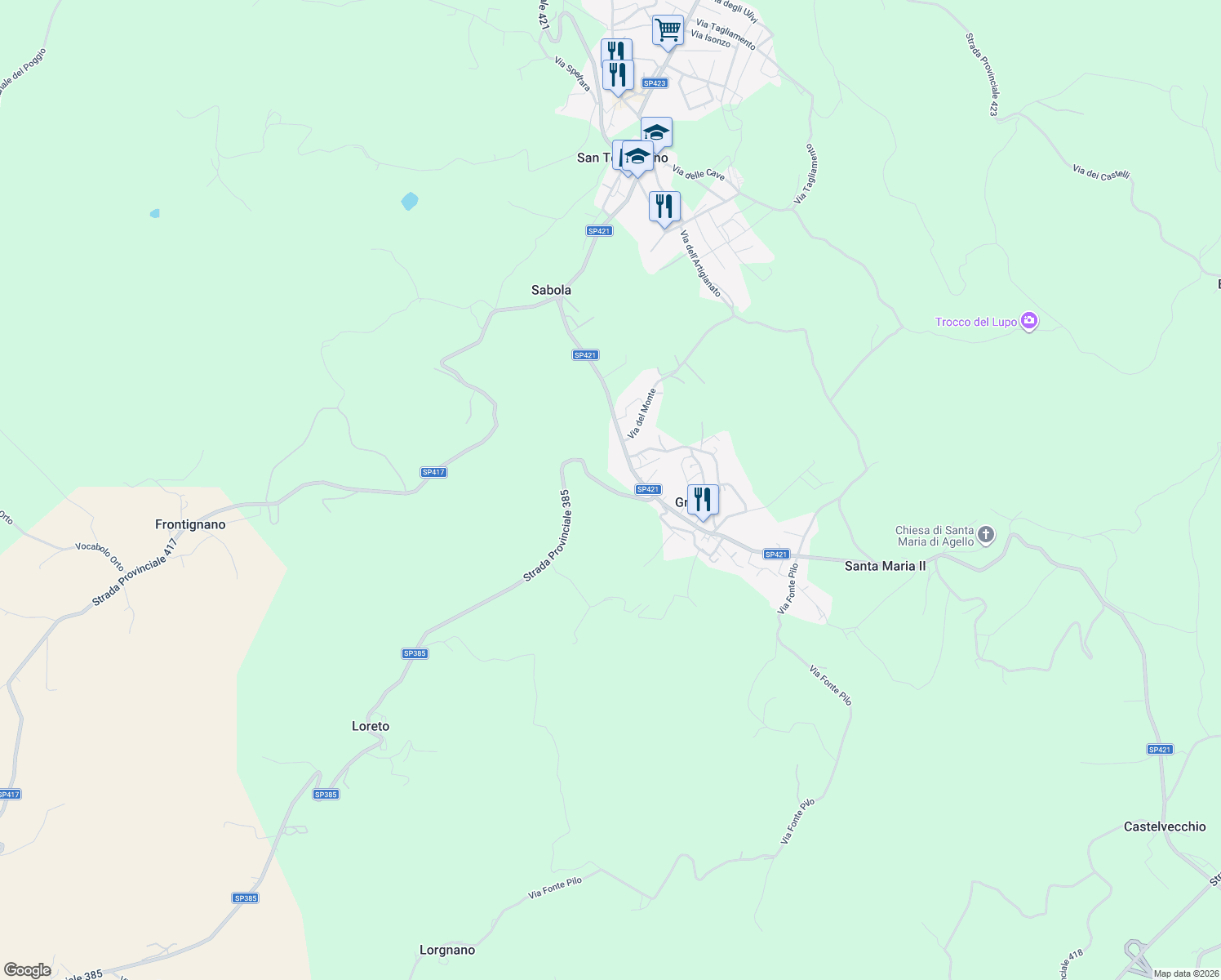map of restaurants, bars, coffee shops, grocery stores, and more near 53 Via Torino in Grutti