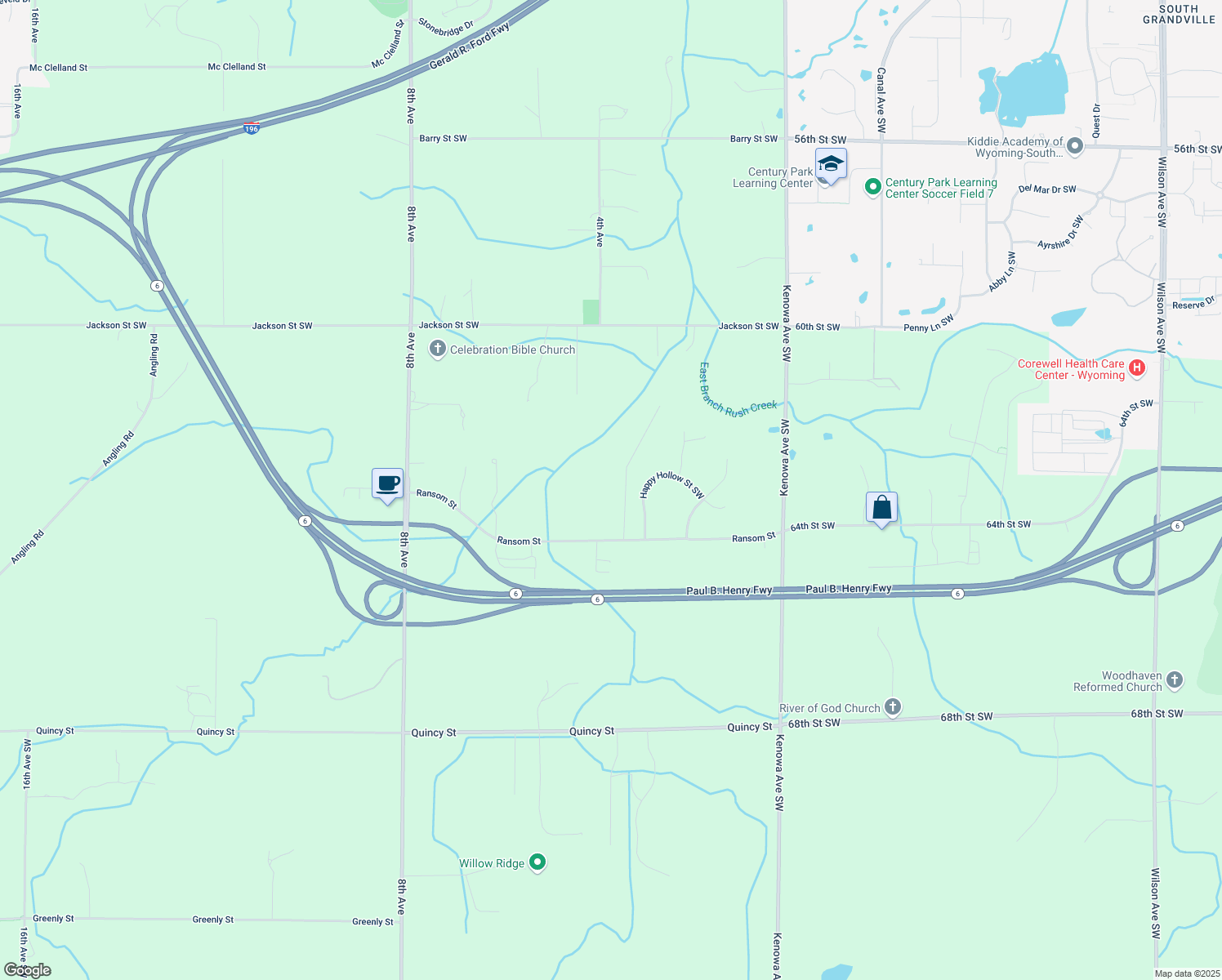 map of restaurants, bars, coffee shops, grocery stores, and more near 309 Ransom Street in Grandville