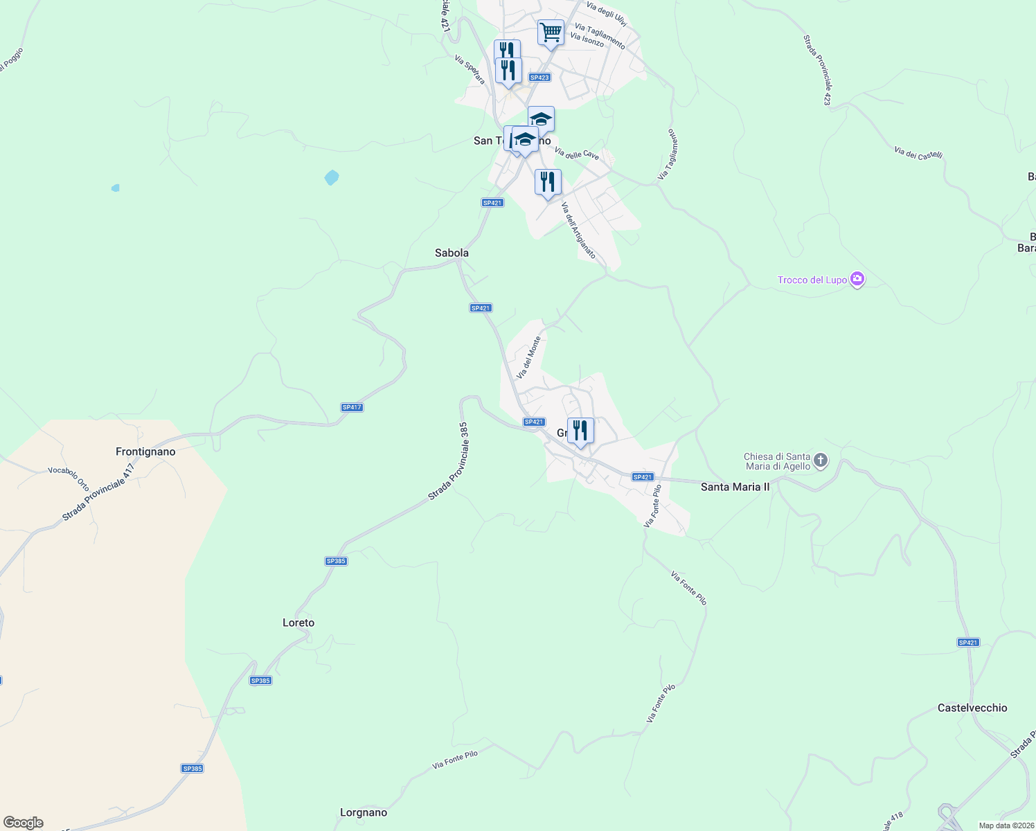 map of restaurants, bars, coffee shops, grocery stores, and more near 53 Via Torino in Grutti