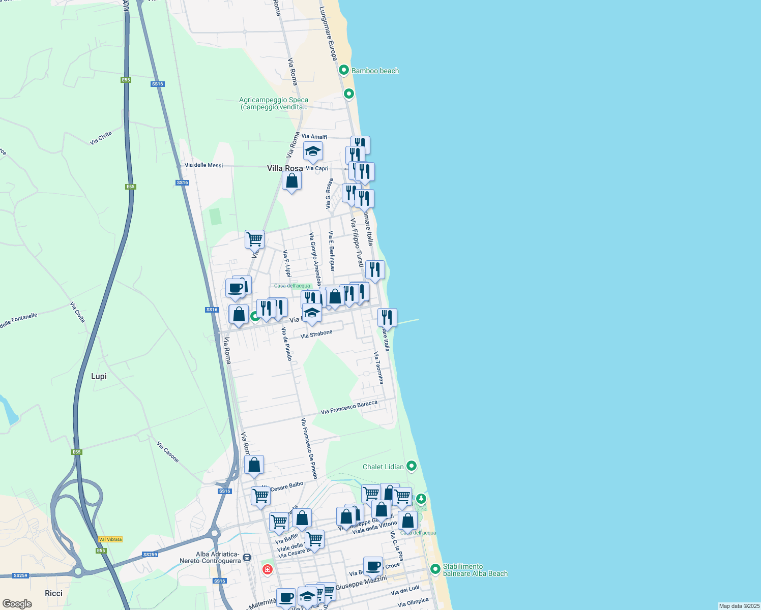 map of restaurants, bars, coffee shops, grocery stores, and more near 60 Lungomare Italia in Villa Rosa