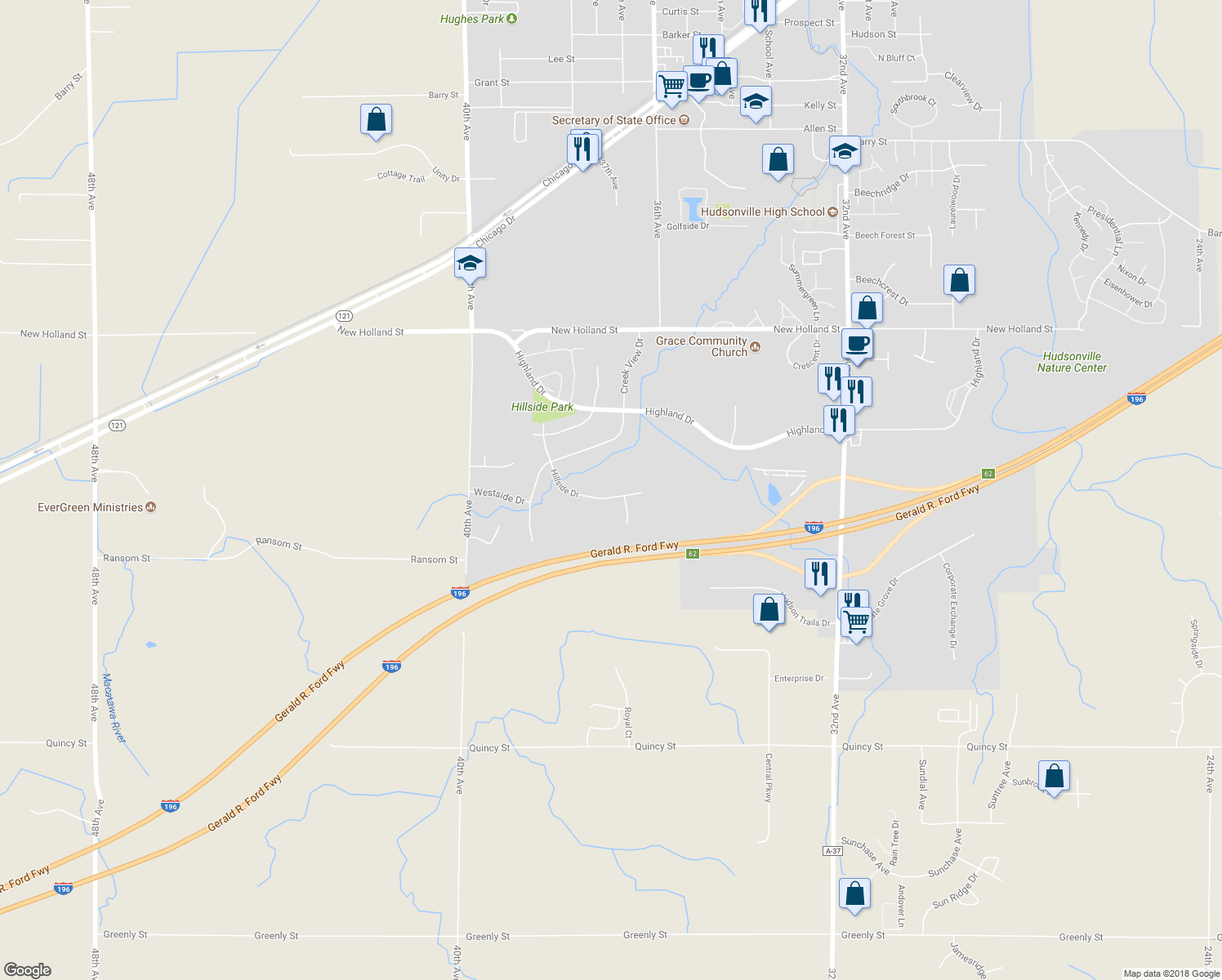 map of restaurants, bars, coffee shops, grocery stores, and more near 3737 Hillside Drive in Hudsonville