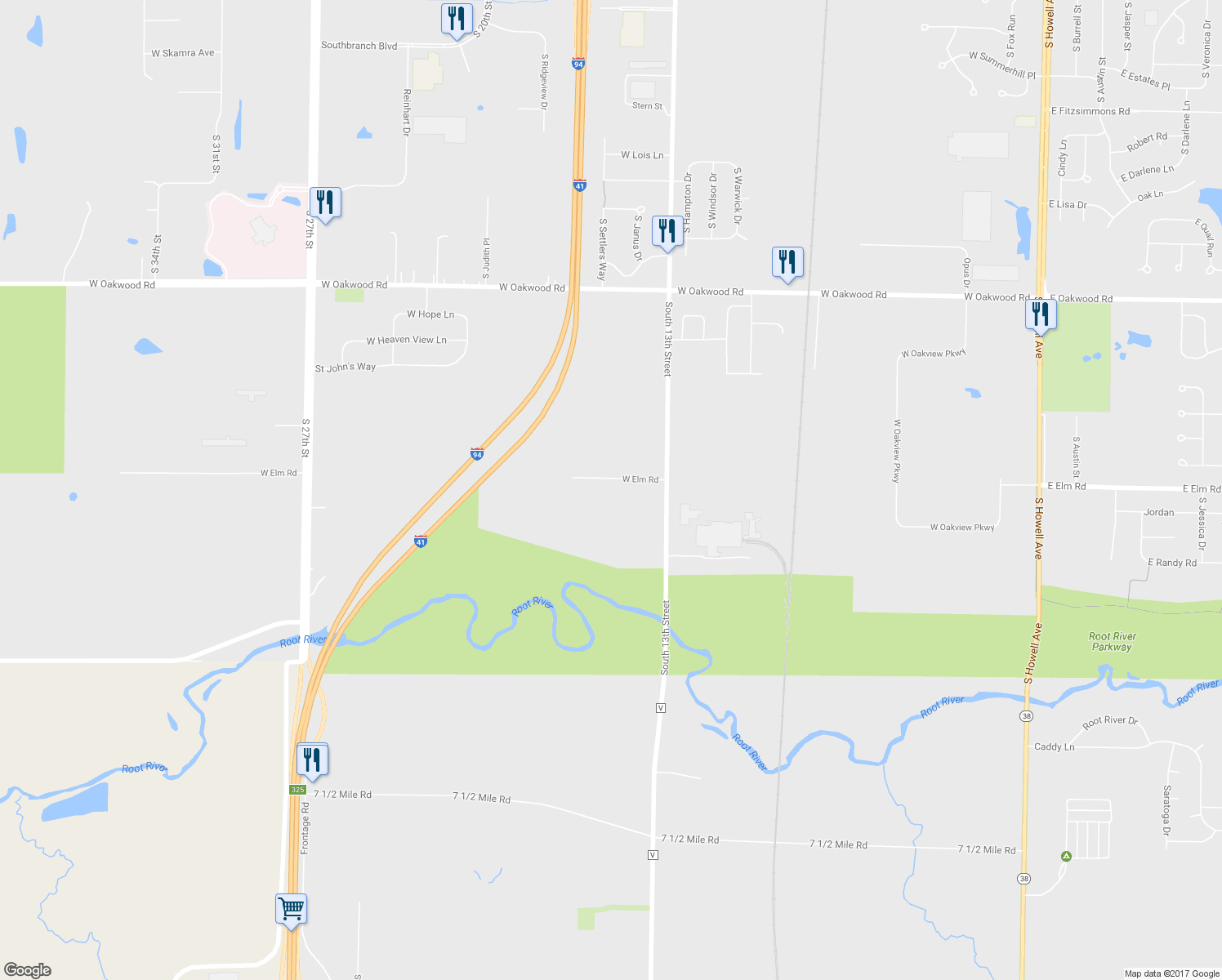 map of restaurants, bars, coffee shops, grocery stores, and more near 1501 West Elm Road in Oak Creek