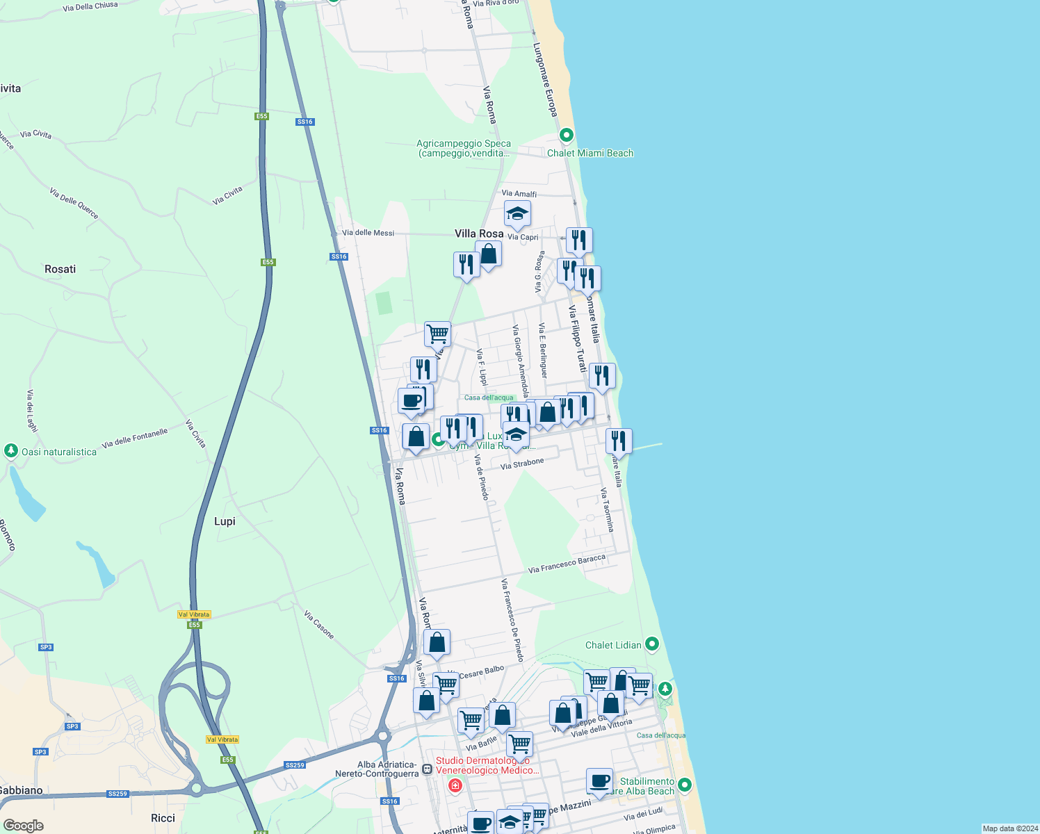 map of restaurants, bars, coffee shops, grocery stores, and more near 4 Via di Giesi in Villa Rosa