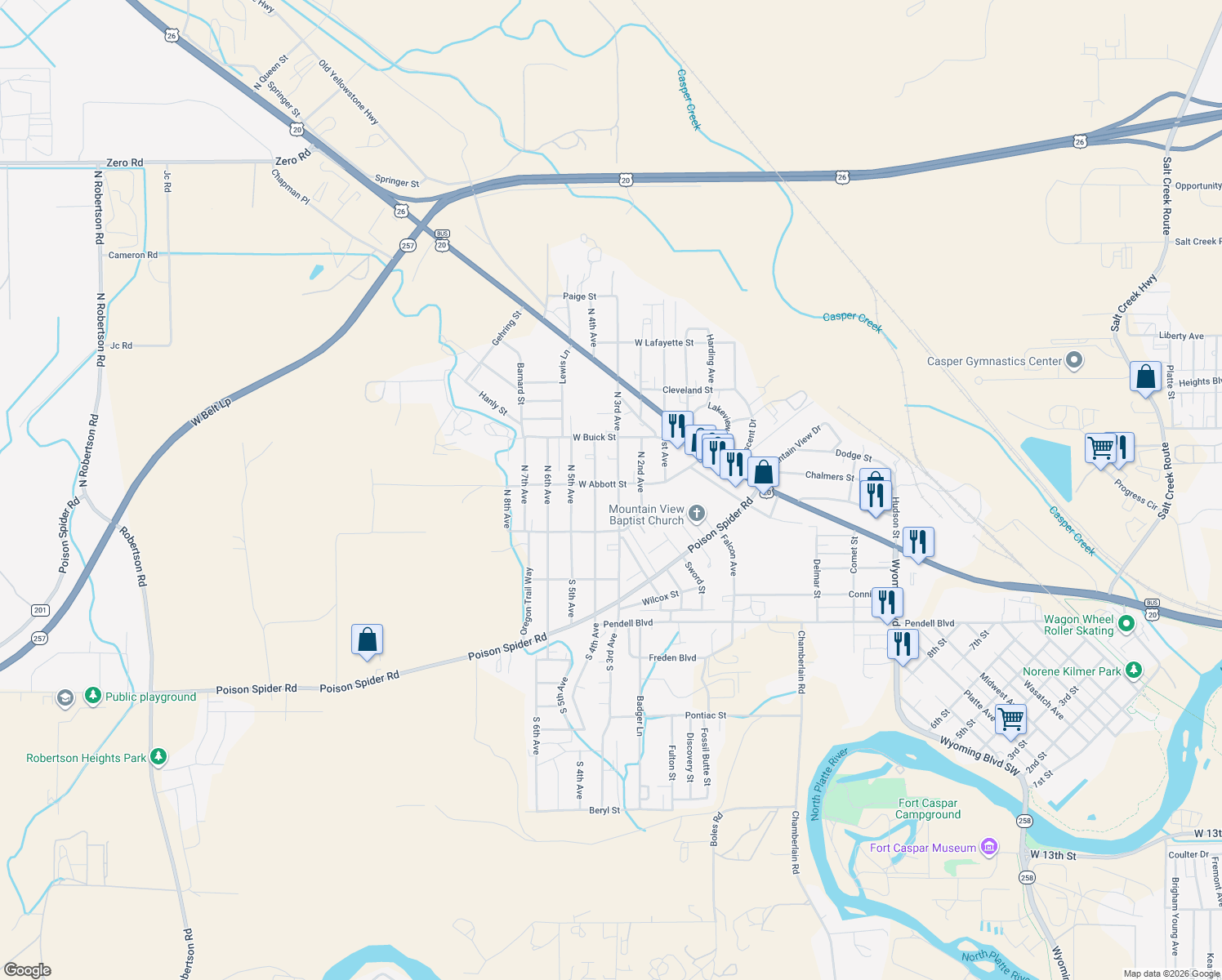 map of restaurants, bars, coffee shops, grocery stores, and more near 144 N 3rd Ave in Mills