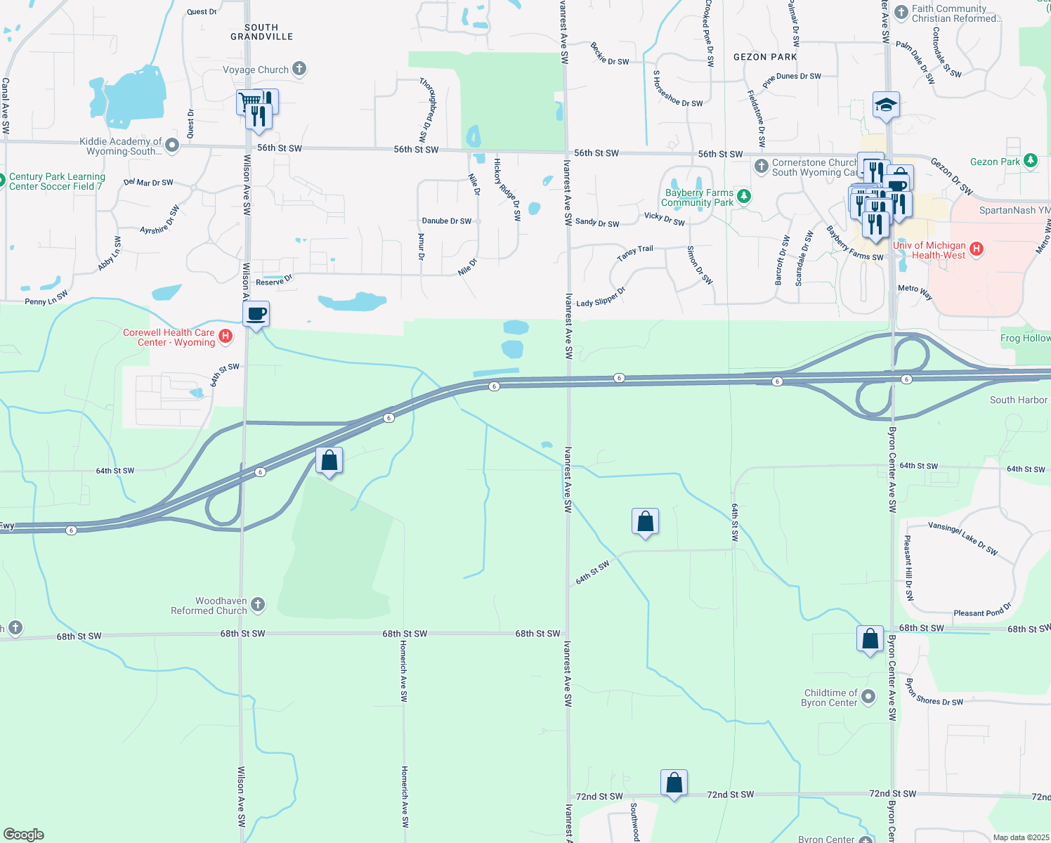 map of restaurants, bars, coffee shops, grocery stores, and more near 6291 Ivanrest Avenue Southwest in Byron Center