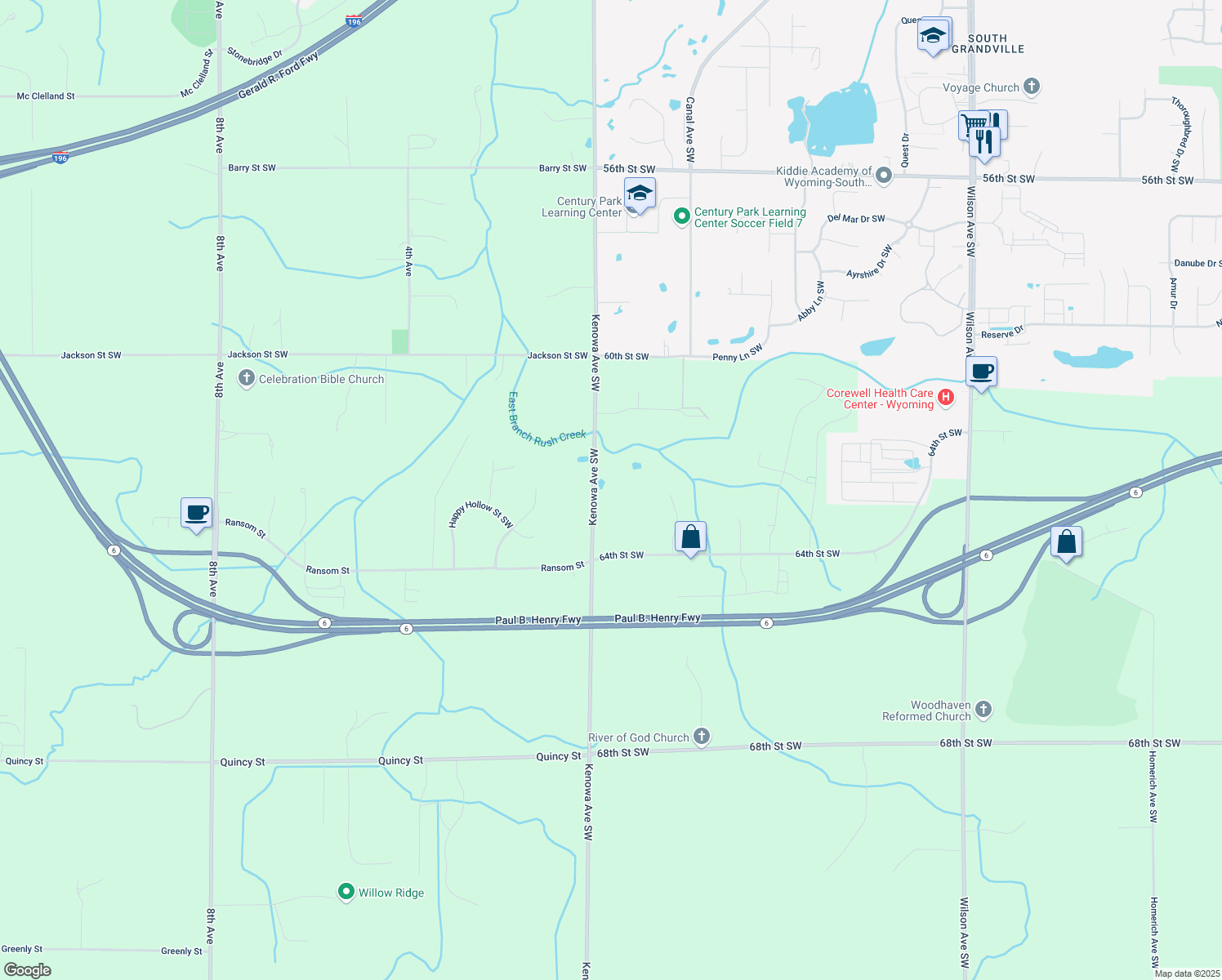 map of restaurants, bars, coffee shops, grocery stores, and more near 6260 Kenowa Avenue Southwest in Grandville