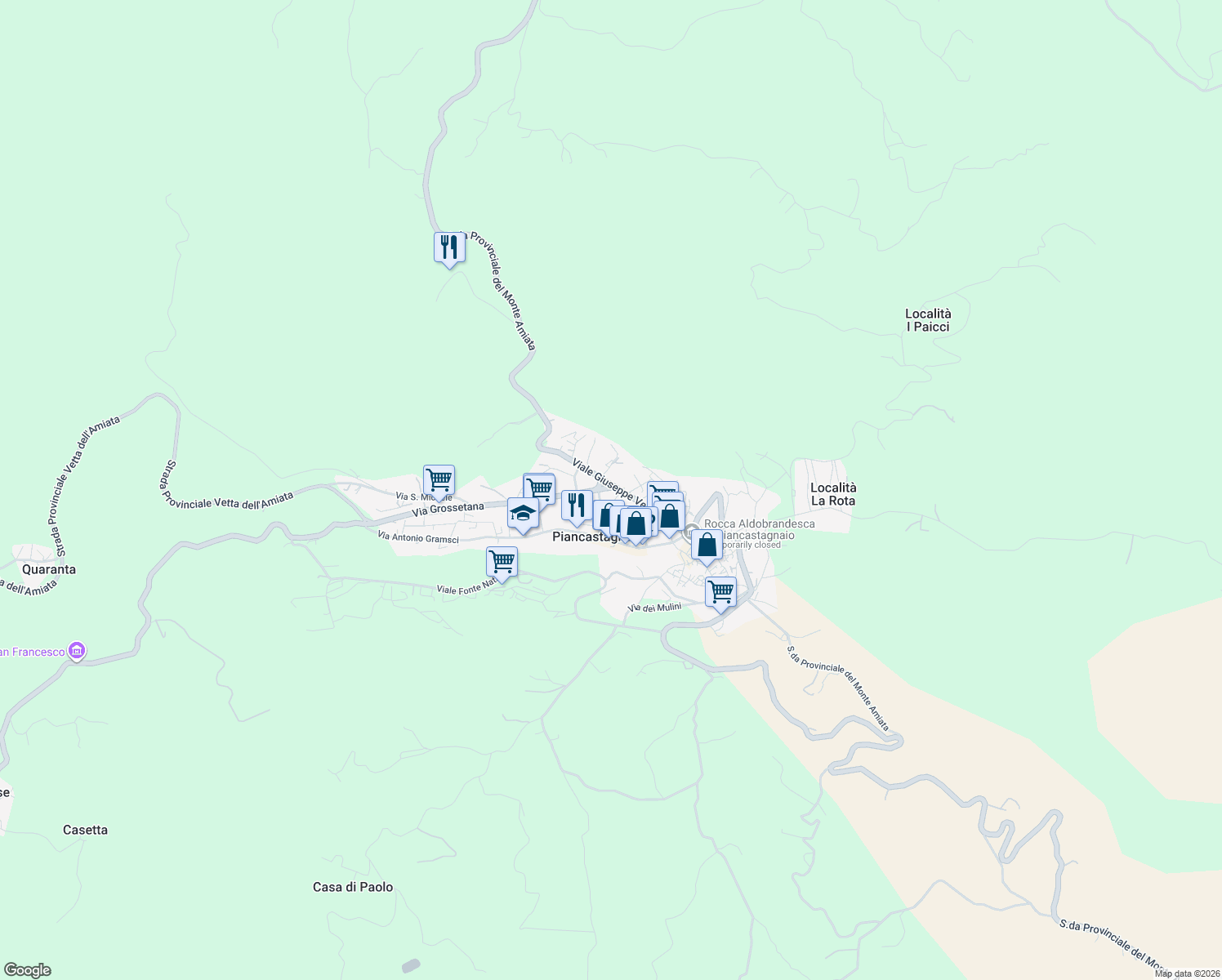 map of restaurants, bars, coffee shops, grocery stores, and more near 17 Strada Provinciale del Monte Amiata in Piancastagnaio