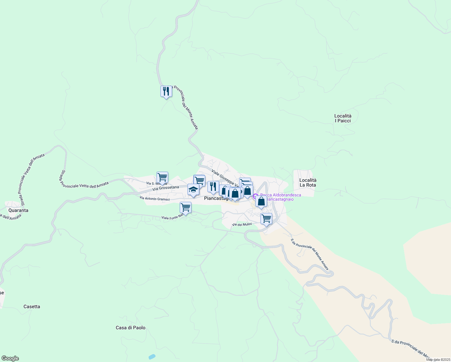 map of restaurants, bars, coffee shops, grocery stores, and more near 17 Strada Provinciale del Monte Amiata in Piancastagnaio