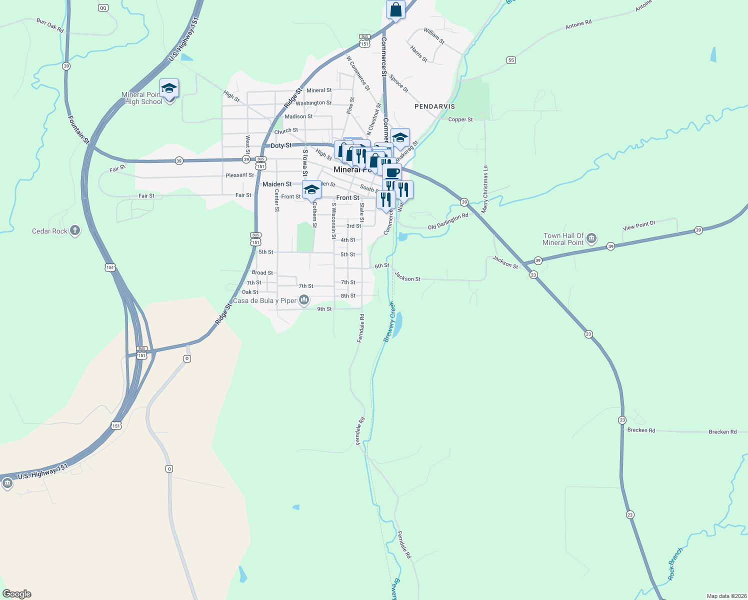 map of restaurants, bars, coffee shops, grocery stores, and more near 52 8th St in Mineral Point