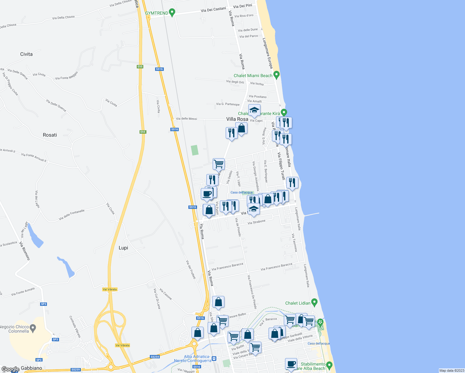 map of restaurants, bars, coffee shops, grocery stores, and more near 24 Via Nicola Da Guardiagrele in Villa Rosa