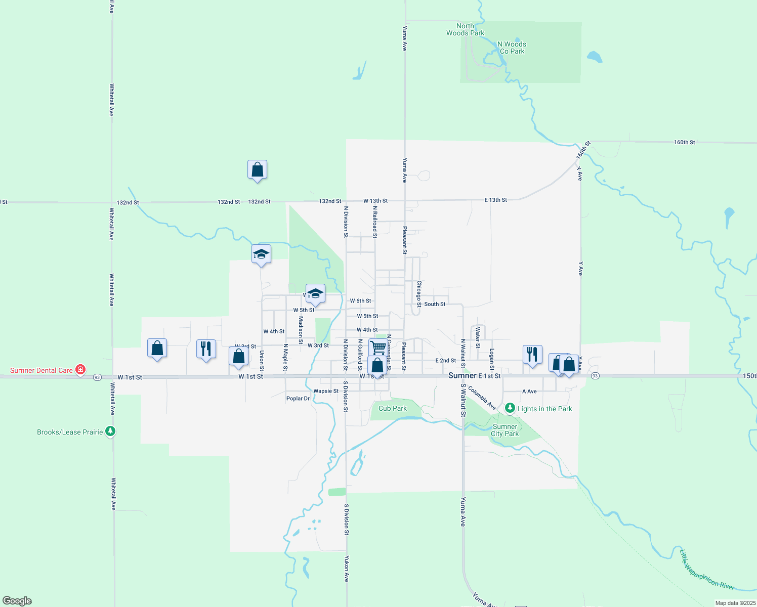 map of restaurants, bars, coffee shops, grocery stores, and more near 510 N Railroad St in Sumner