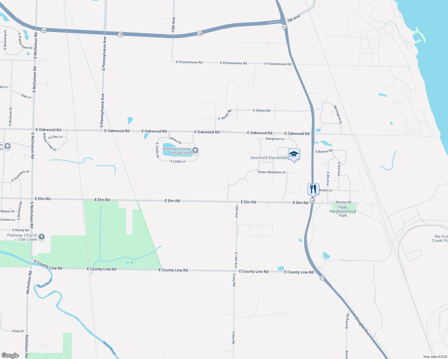 map of restaurants, bars, coffee shops, grocery stores, and more near 10555 South Shangrila Court in Oak Creek