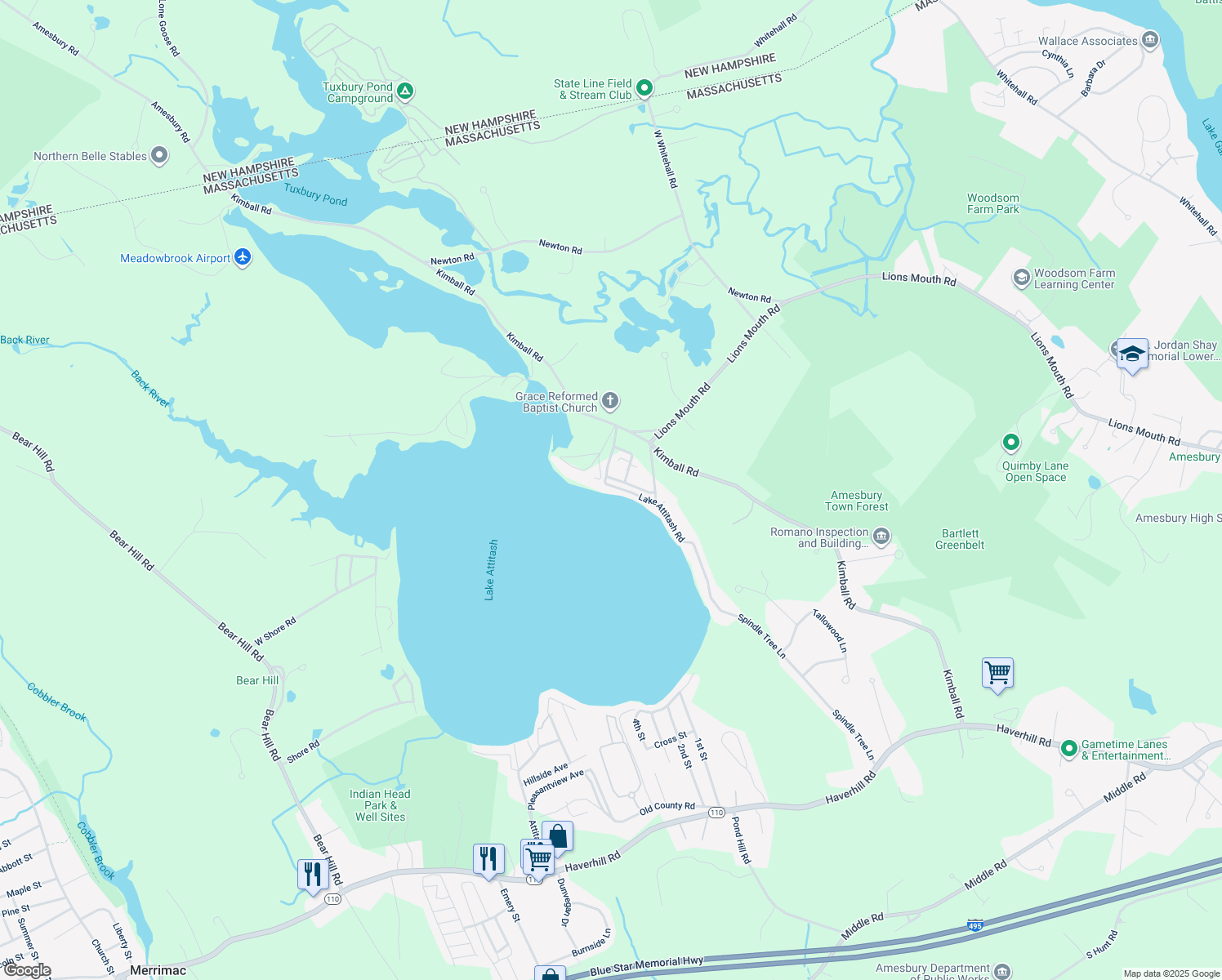 map of restaurants, bars, coffee shops, grocery stores, and more near 88 Lake Attitash Road in Amesbury