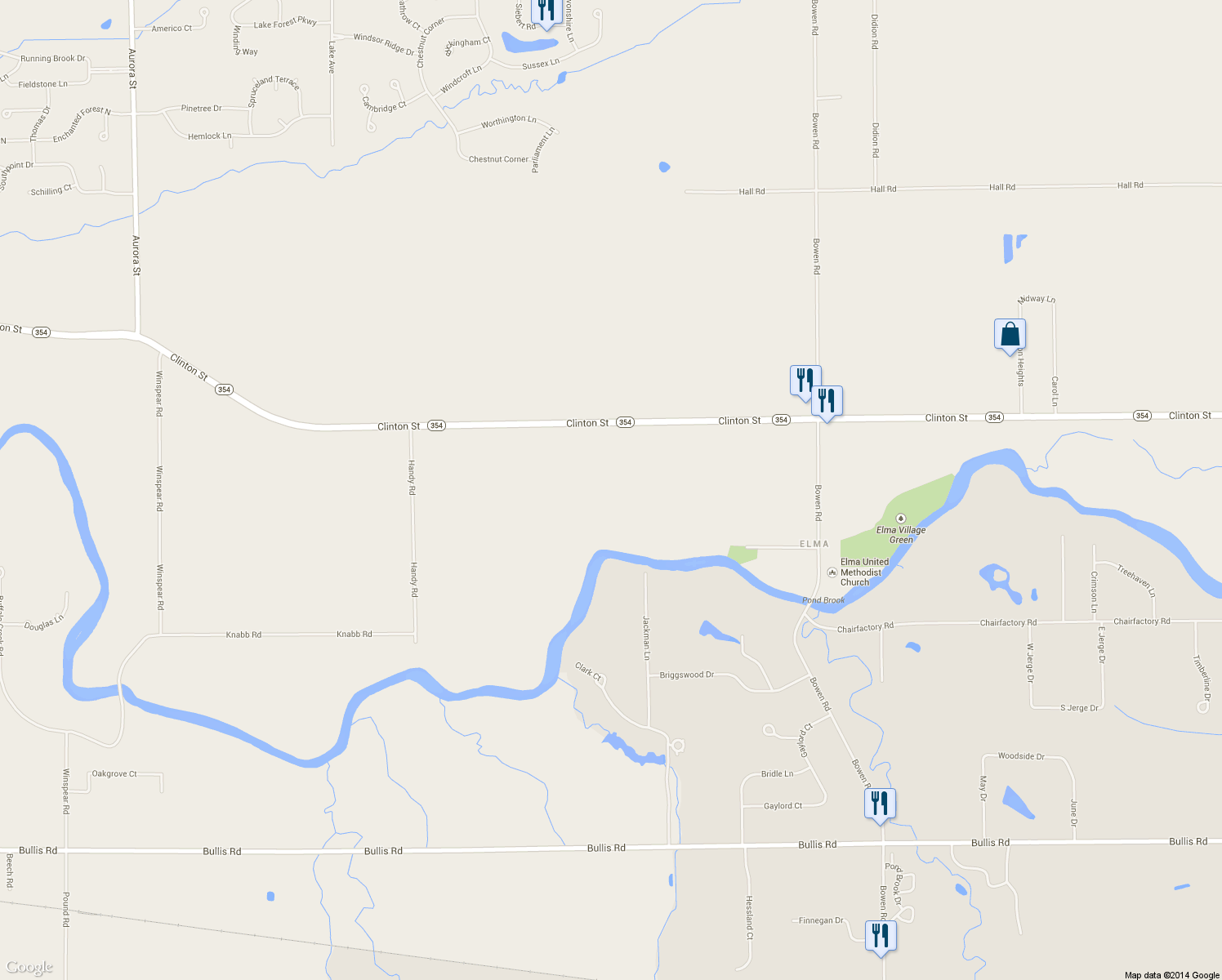 map of restaurants, bars, coffee shops, grocery stores, and more near 6330 Clinton St in Elma