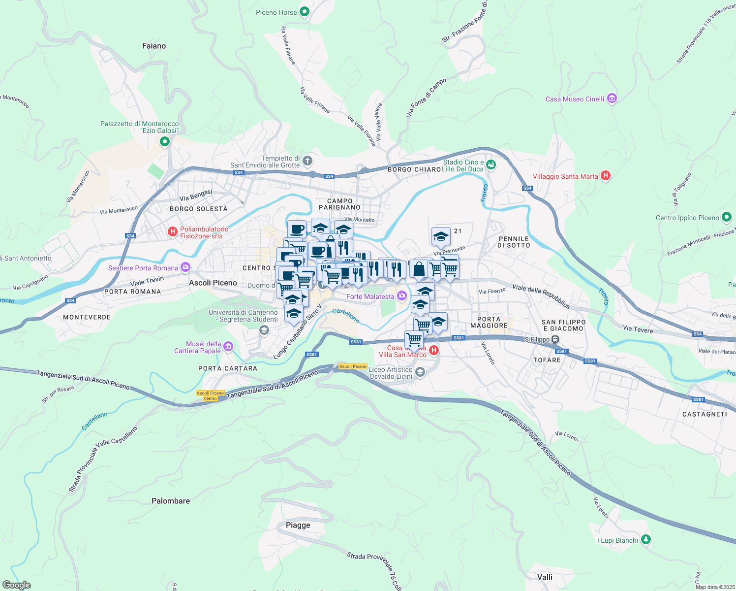 map of restaurants, bars, coffee shops, grocery stores, and more near 35 Via Candido Augusto Vecchi in Ascoli Piceno