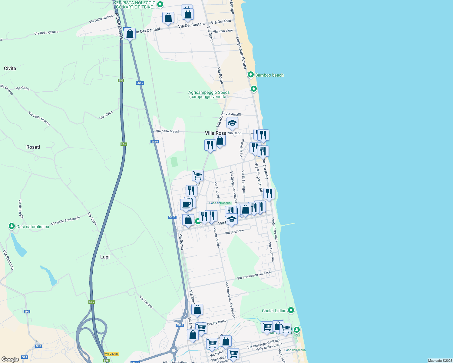 map of restaurants, bars, coffee shops, grocery stores, and more near 2 Via Lelio Basso in Villa Rosa