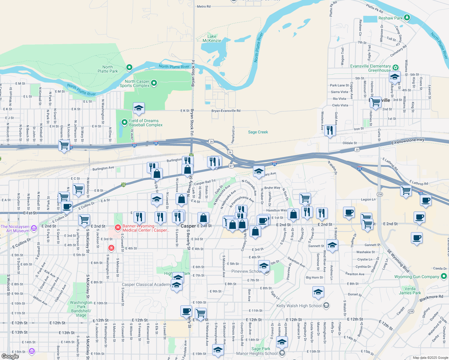 map of restaurants, bars, coffee shops, grocery stores, and more near 2462 Dale Drive in Casper