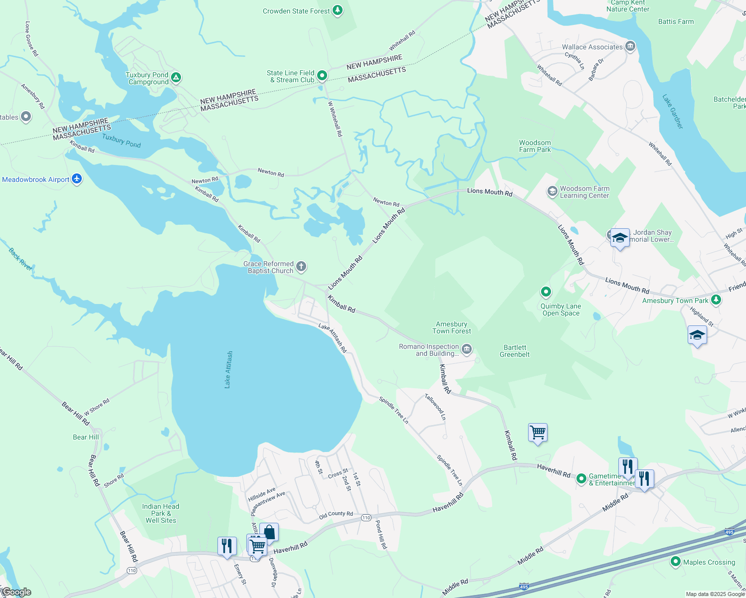 map of restaurants, bars, coffee shops, grocery stores, and more near 74 Kimball Road in Amesbury