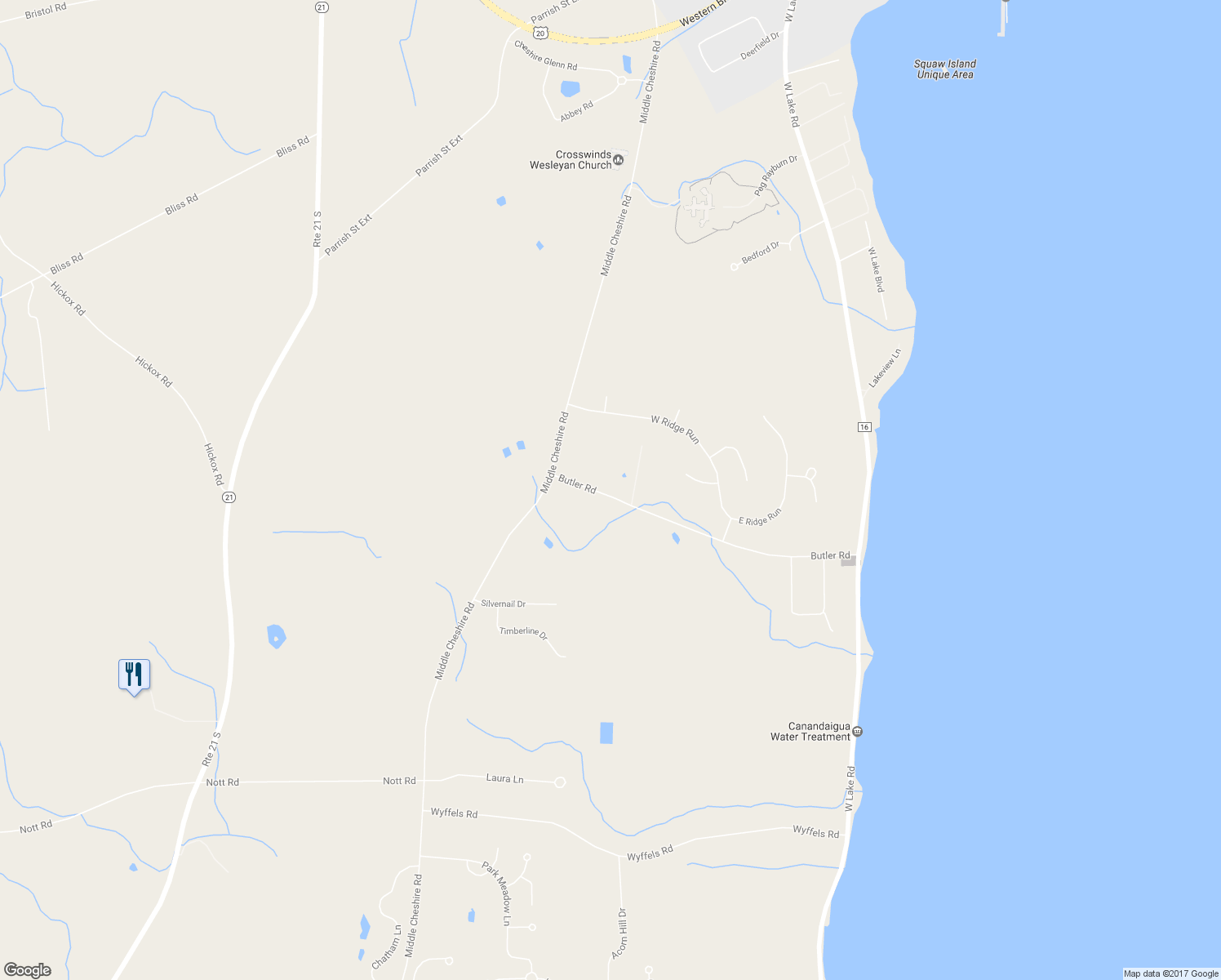 map of restaurants, bars, coffee shops, grocery stores, and more near 5058 Butler Road in Canandaigua