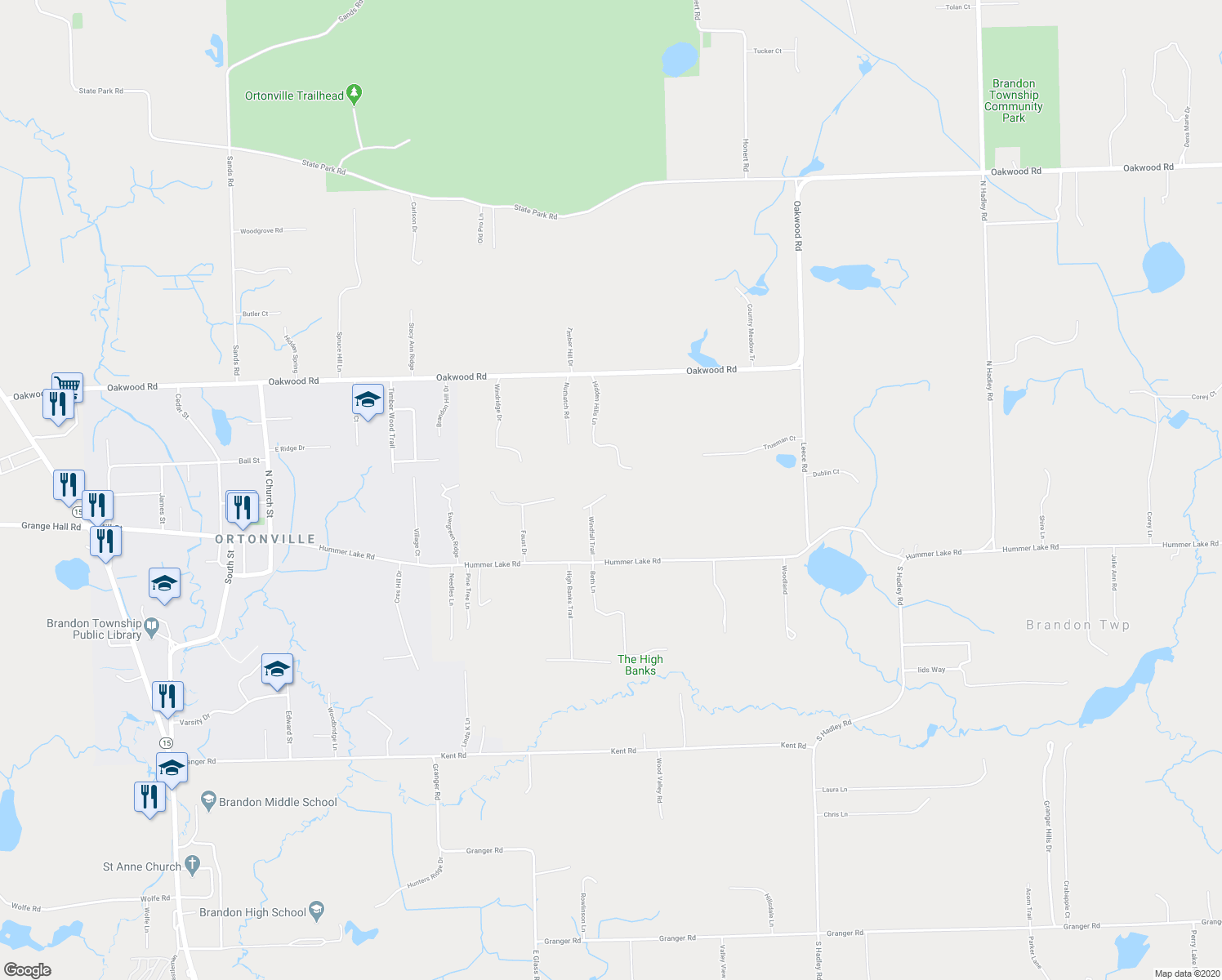 map of restaurants, bars, coffee shops, grocery stores, and more near 155 Windfall Trail in Brandon Township