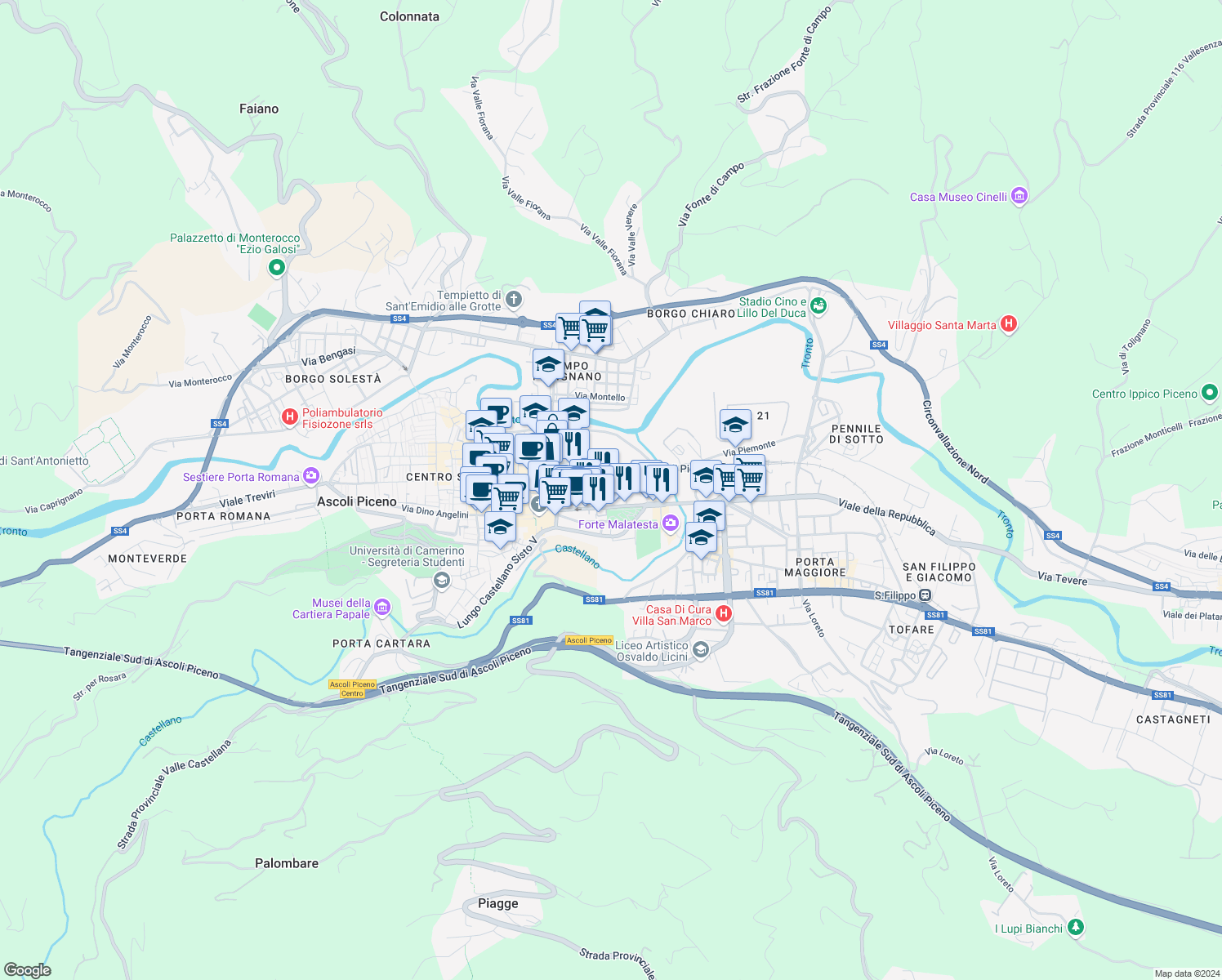 map of restaurants, bars, coffee shops, grocery stores, and more near 2 Via Pietro Alamanni in Ascoli Piceno