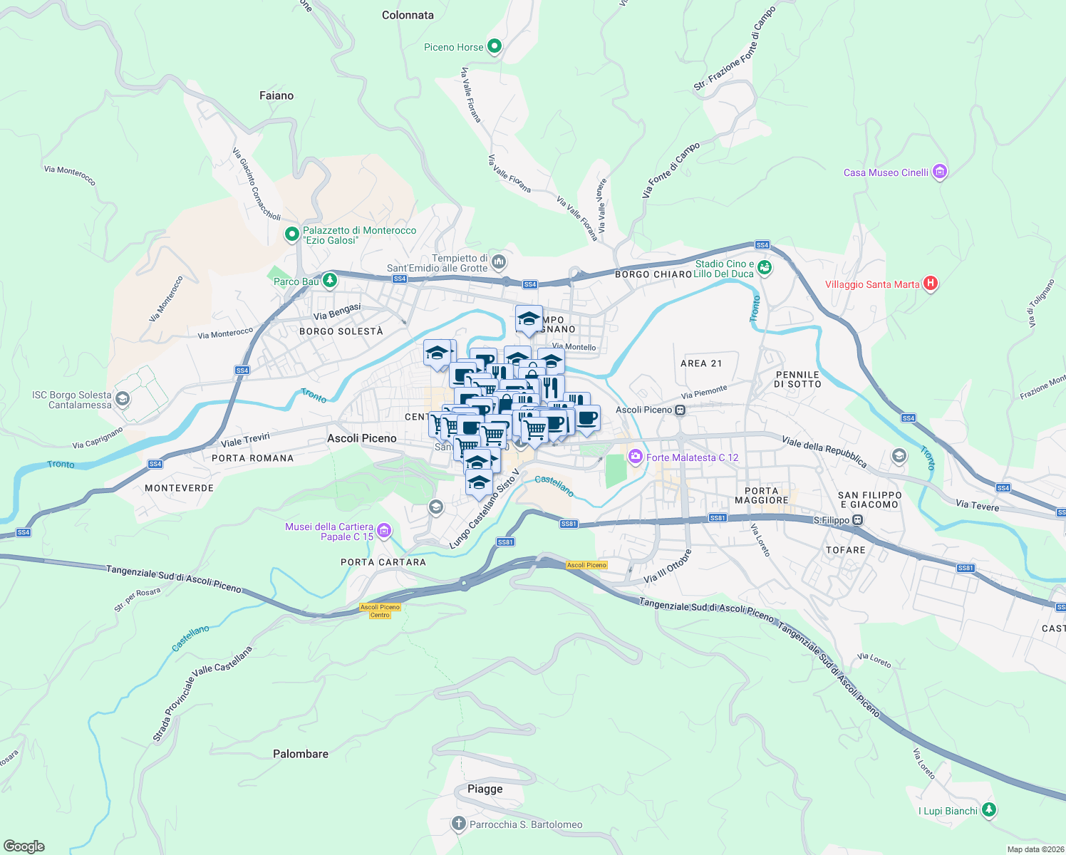 map of restaurants, bars, coffee shops, grocery stores, and more near 257 Corso Giuseppe Mazzini in Ascoli Piceno
