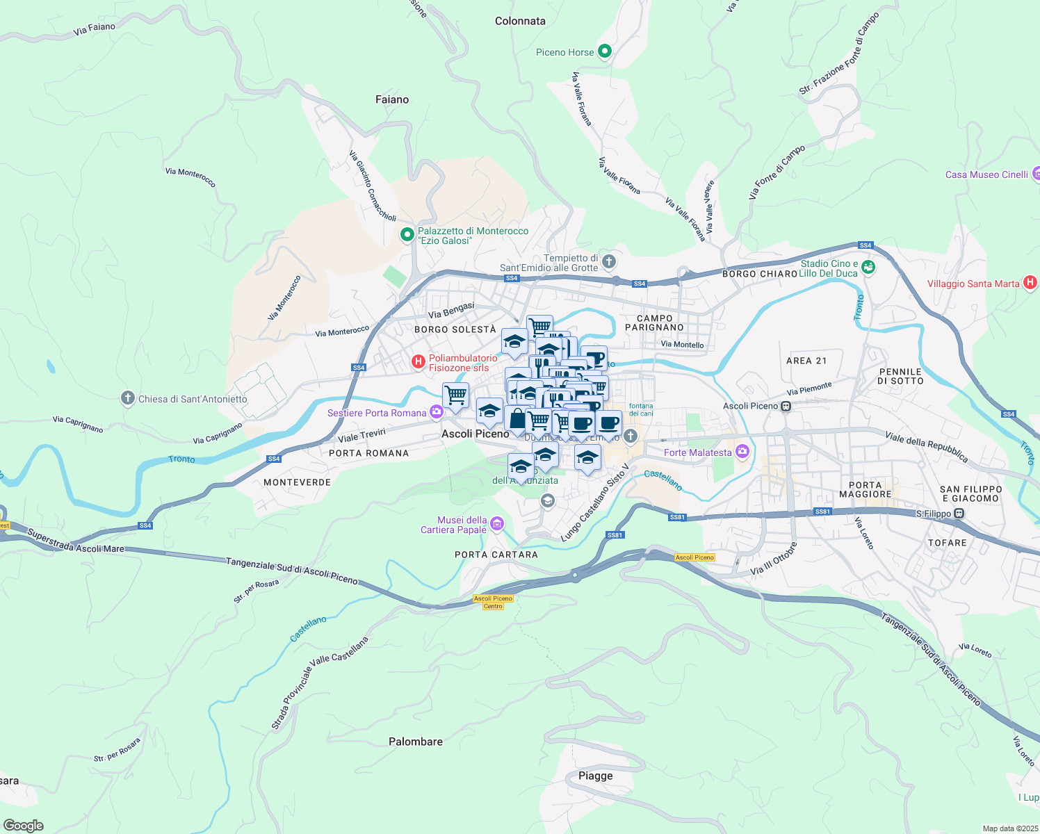 map of restaurants, bars, coffee shops, grocery stores, and more near 71 Corso Giuseppe Mazzini in Ascoli Piceno