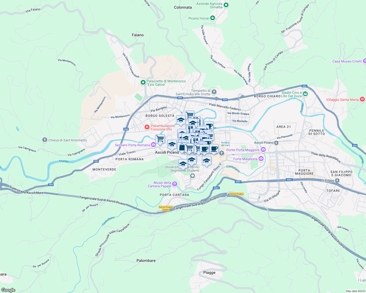 map of restaurants, bars, coffee shops, grocery stores, and more near 71 Corso Giuseppe Mazzini in Ascoli Piceno