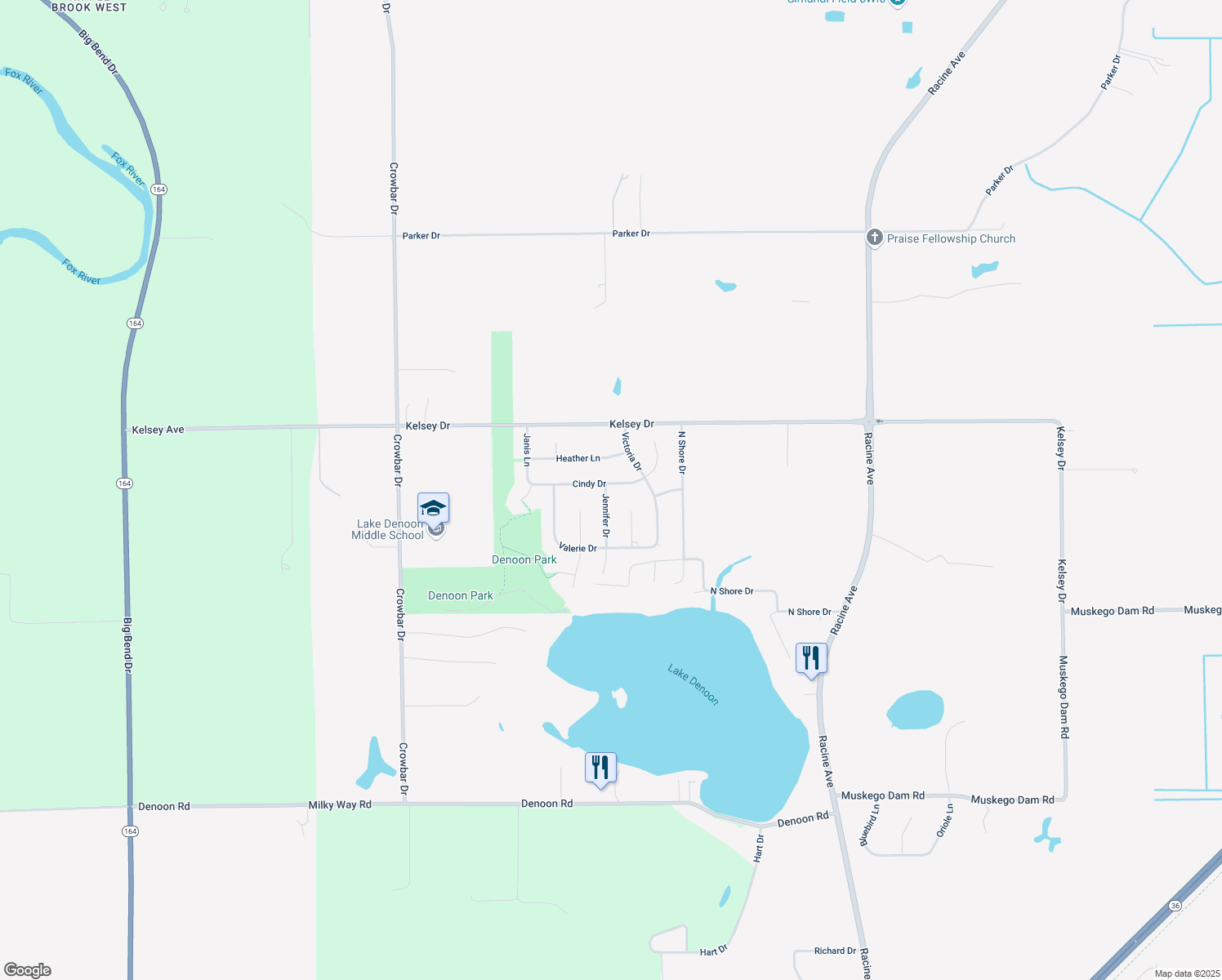 map of restaurants, bars, coffee shops, grocery stores, and more near S104W20699 Cindy Drive in Muskego