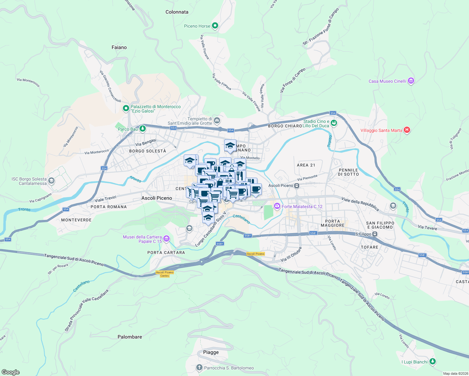 map of restaurants, bars, coffee shops, grocery stores, and more near 257 Corso Giuseppe Mazzini in Ascoli Piceno