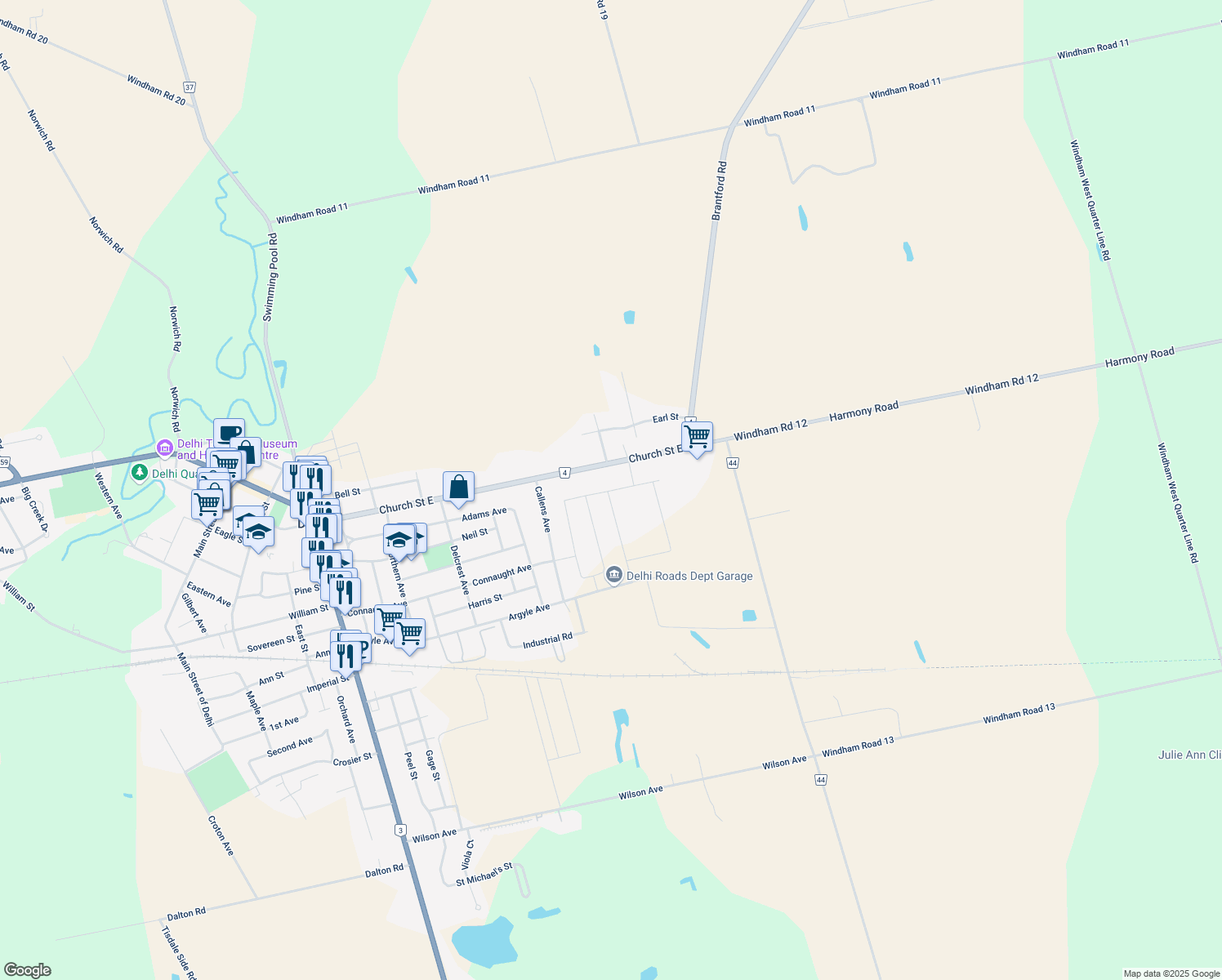 map of restaurants, bars, coffee shops, grocery stores, and more near 319 Courtland Street in Delhi