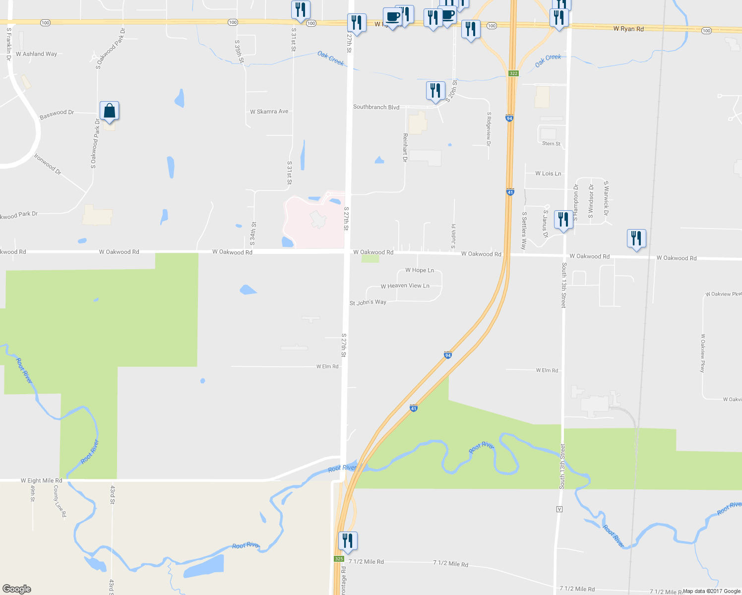map of restaurants, bars, coffee shops, grocery stores, and more near 2550 Saint John's Way in Oak Creek