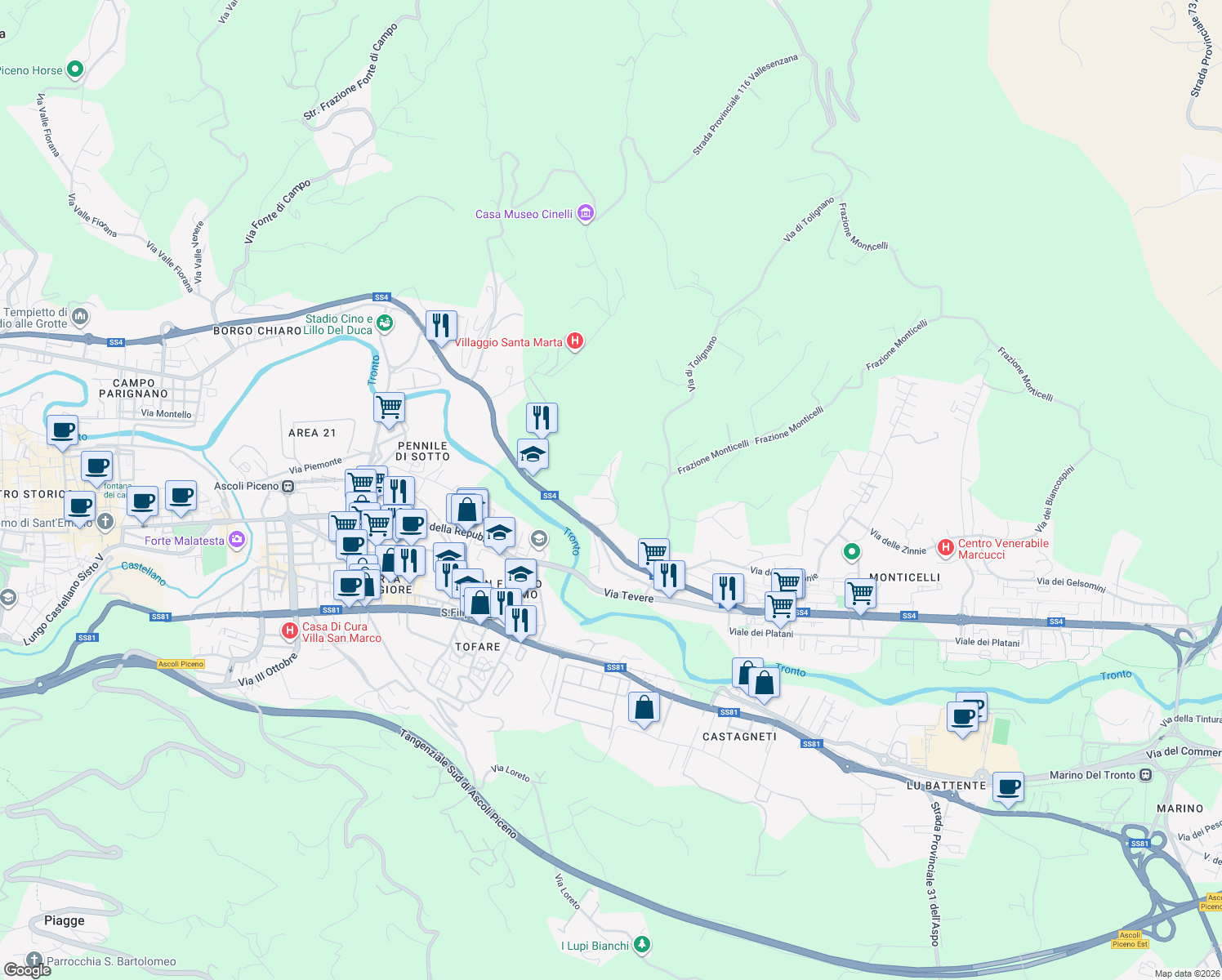 map of restaurants, bars, coffee shops, grocery stores, and more near Via di Folignan0 in Ascoli Piceno