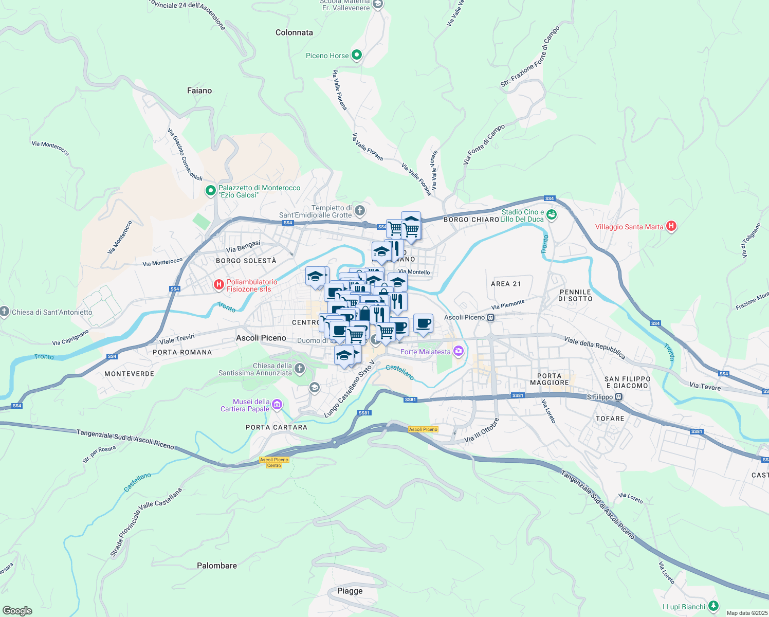 map of restaurants, bars, coffee shops, grocery stores, and more near 2-4 Rua del Mago in Ascoli Piceno