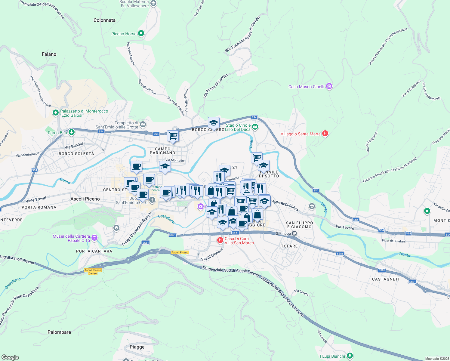 map of restaurants, bars, coffee shops, grocery stores, and more near 11 Via Piemonte in Ascoli Piceno
