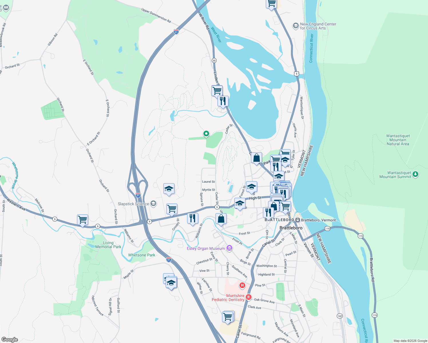map of restaurants, bars, coffee shops, grocery stores, and more near 140 Cedar St in Brattleboro