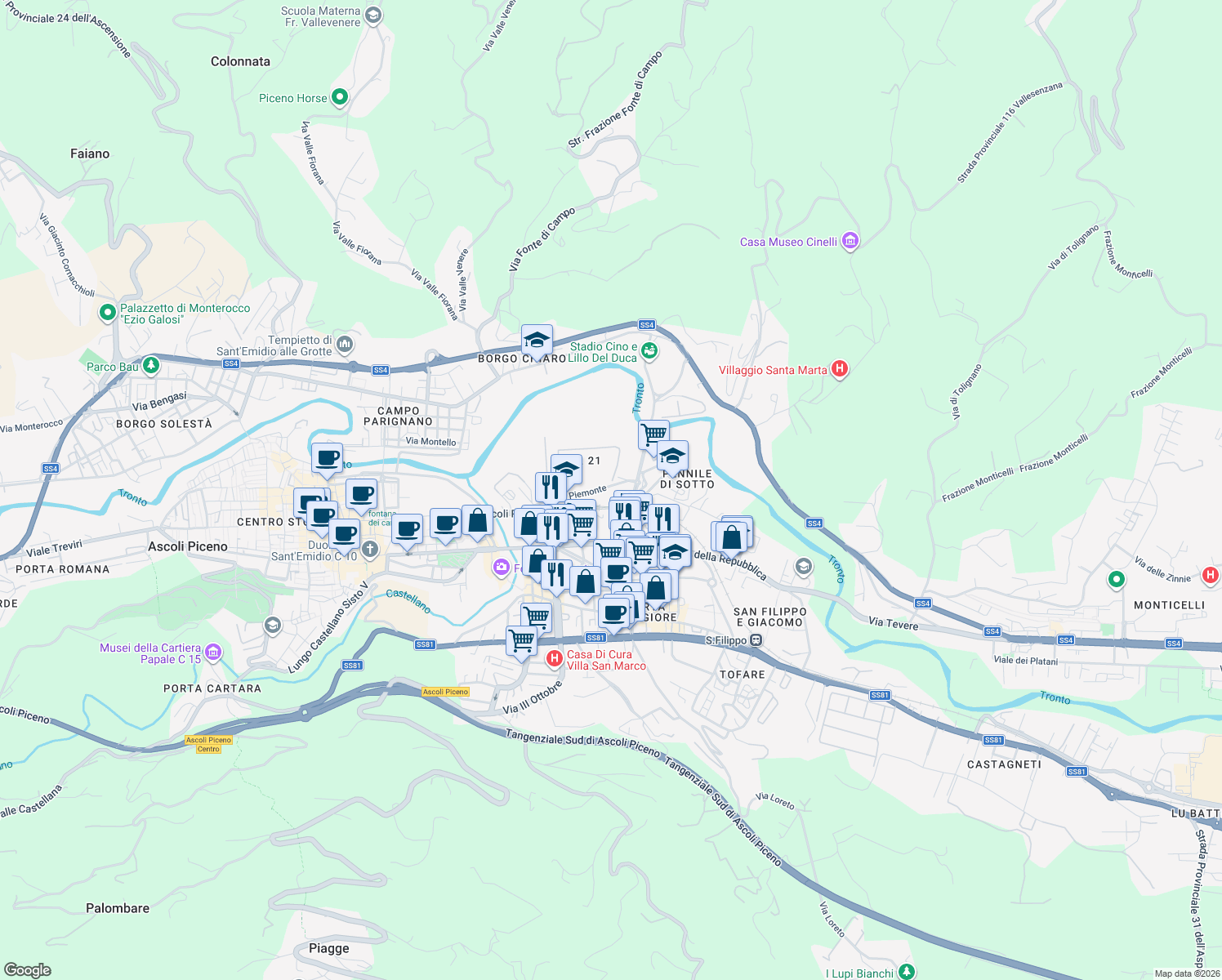 map of restaurants, bars, coffee shops, grocery stores, and more near 11 Via Piemonte in Ascoli Piceno
