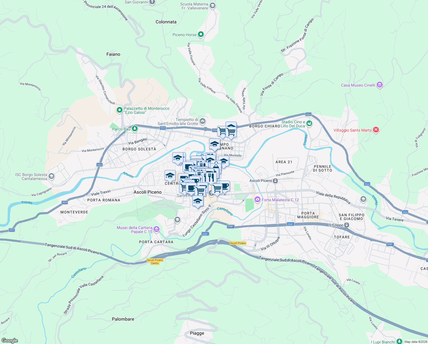 map of restaurants, bars, coffee shops, grocery stores, and more near 41-43 Via delle Canterine in Ascoli Piceno