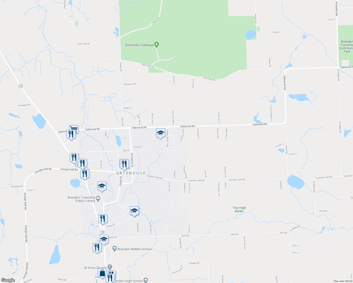 map of restaurants, bars, coffee shops, grocery stores, and more near 380 Arbor Pine Drive in Brandon Township